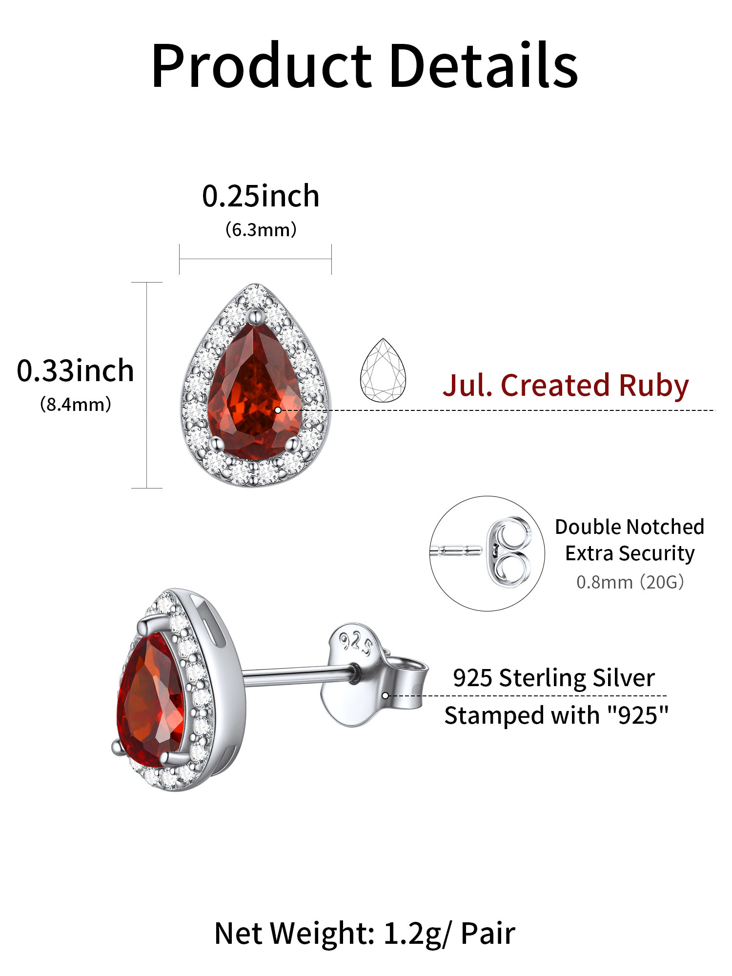 Teardrop Birthstone Halo Stud Earrings for Women, july birthstone, Ruby Pendant, Cancer Birthstone, Leo Birthstone, sterling silver jewelry, gift idea