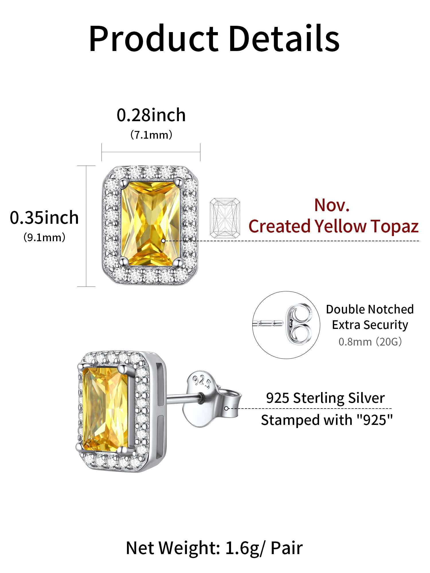 Square Birthstone Halo Stud Earrings for Women, november birthstone, Citrine Jewelry, Scorpio Birthstone, Sagittarius Birthstone, sterling silver jewlery, memorial gift, gift idea