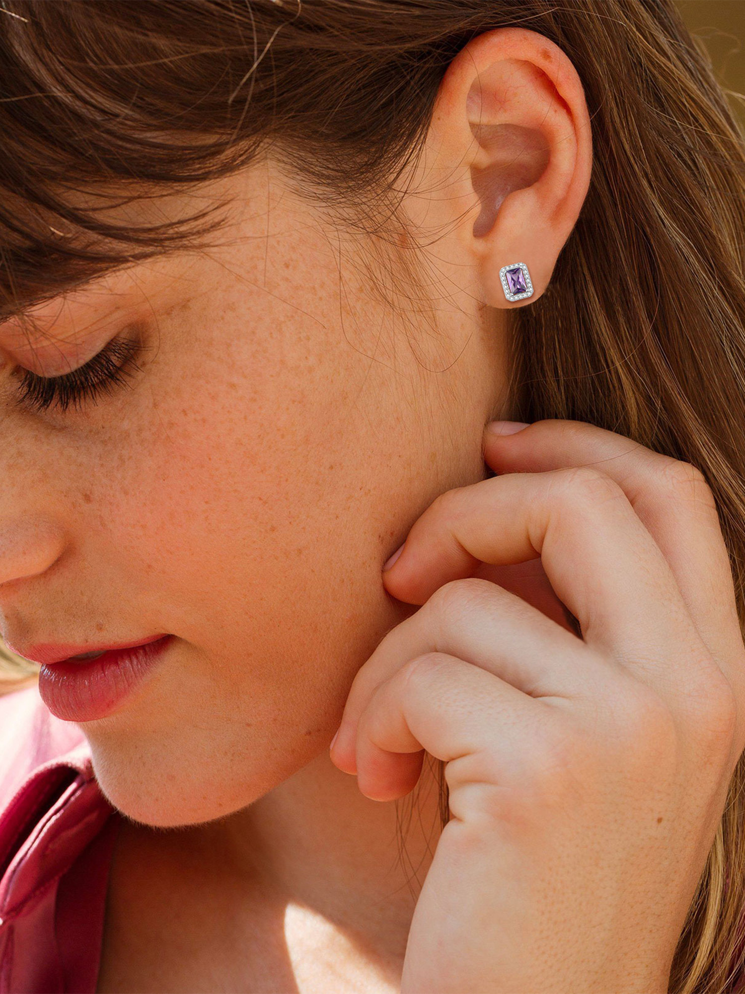 Square Birthstone Halo Stud Earrings for Women,  February birthstone, Amethyst Jewelry, Pisces Birthstone, Aquarius Birthstone, Sterling Silver Jewelry, gift idea