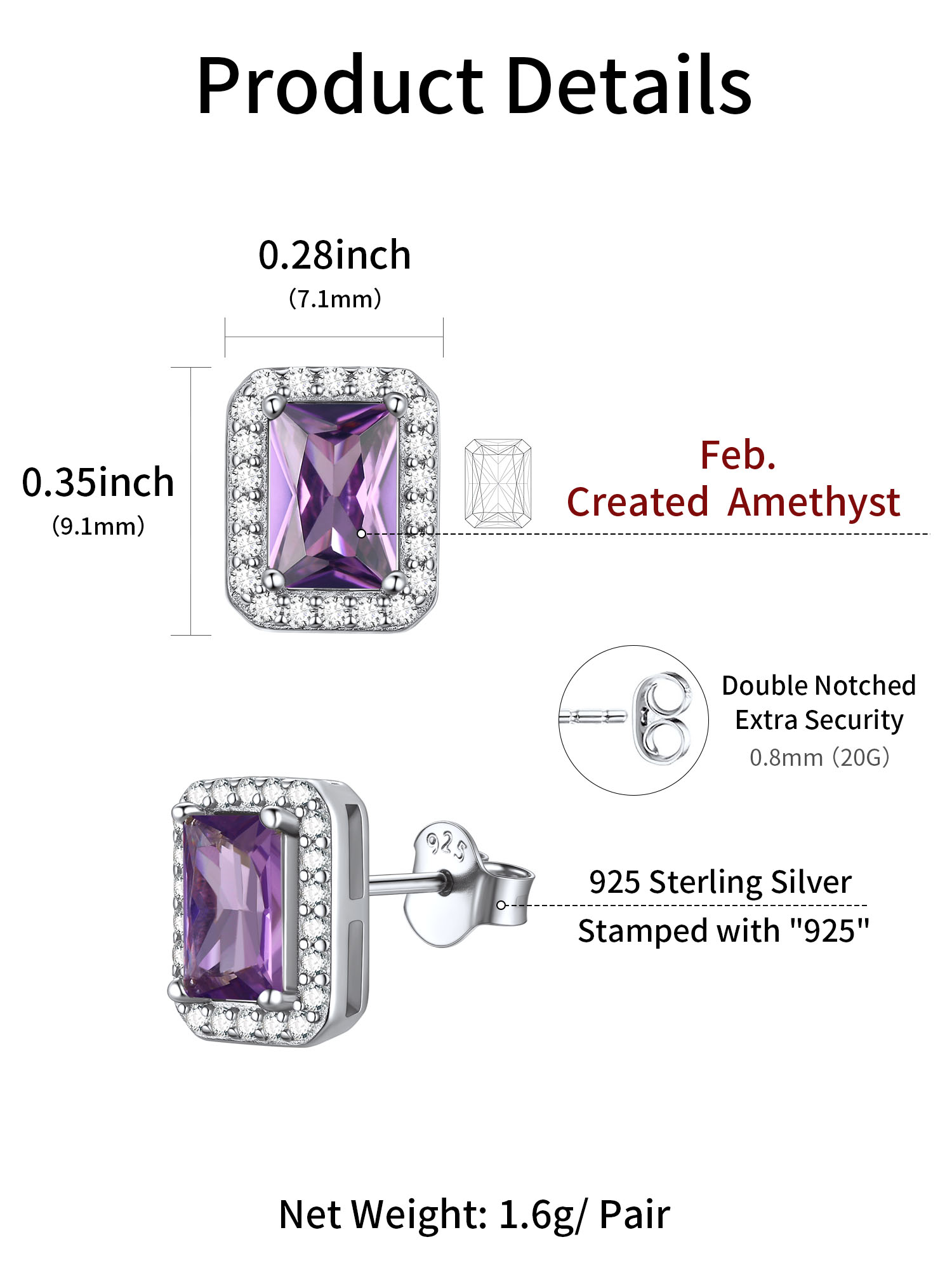 Square Birthstone Halo Stud Earrings for Women,  February birthstone, Amethyst Jewelry, Pisces Birthstone, Aquarius Birthstone, Sterling Silver Jewelry, gift idea