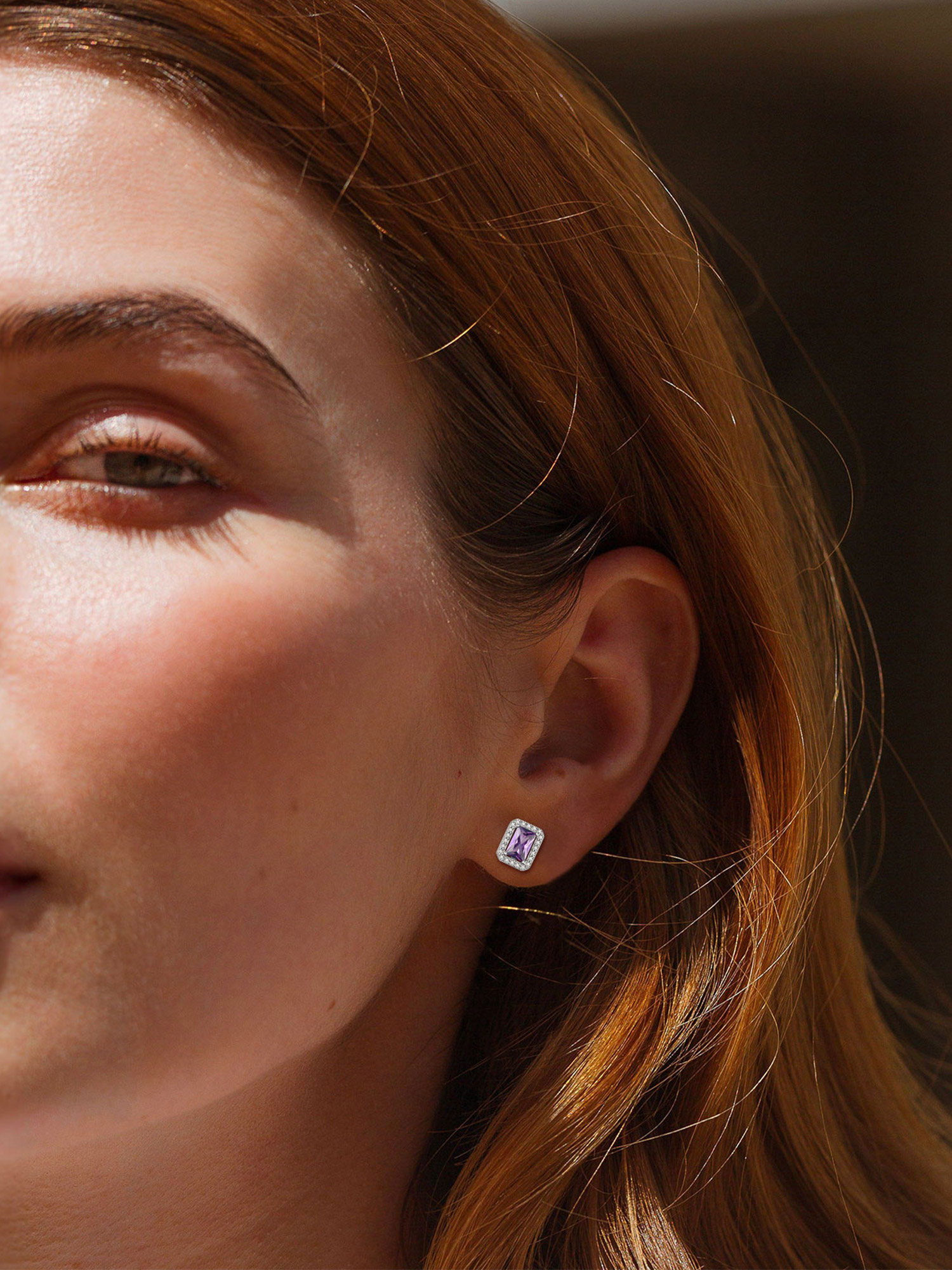 Square Birthstone Halo Stud Earrings for Women,  February birthstone, Amethyst Jewelry, Pisces Birthstone, Aquarius Birthstone, Sterling Silver Jewelry, gift idea