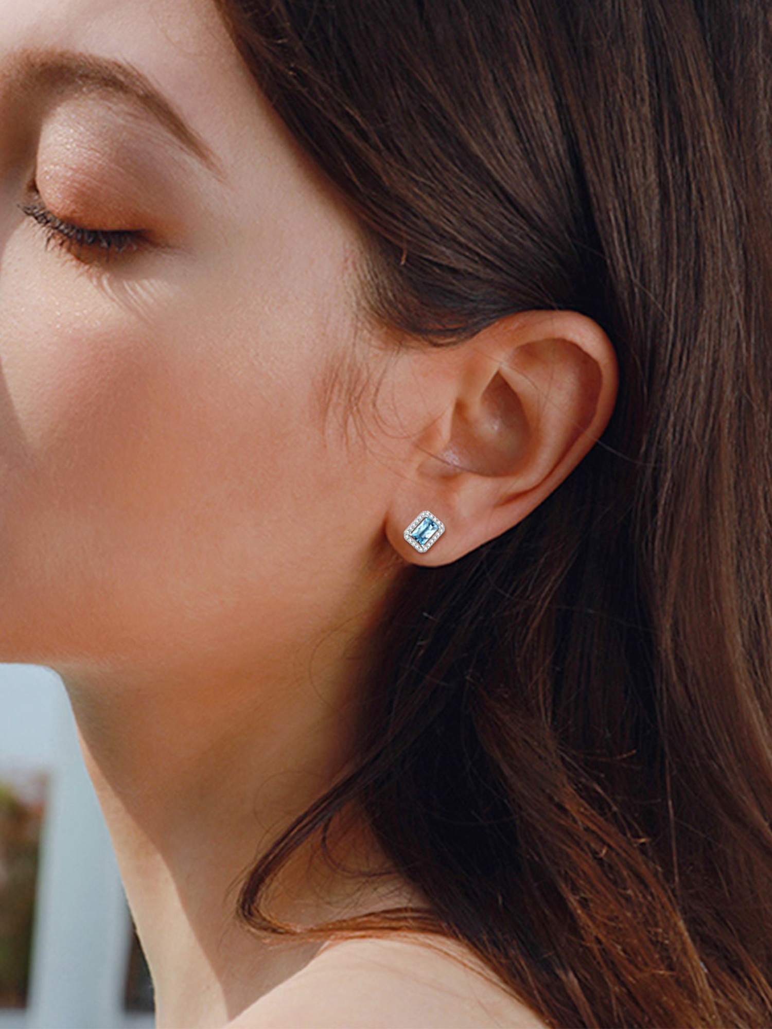 Square Birthstone Halo Stud Earrings for Women,  march birthstone, Aquamarine Pendant, Pisces Birthstone, Aries Birthstone, sterling silver jewelry, gift idea