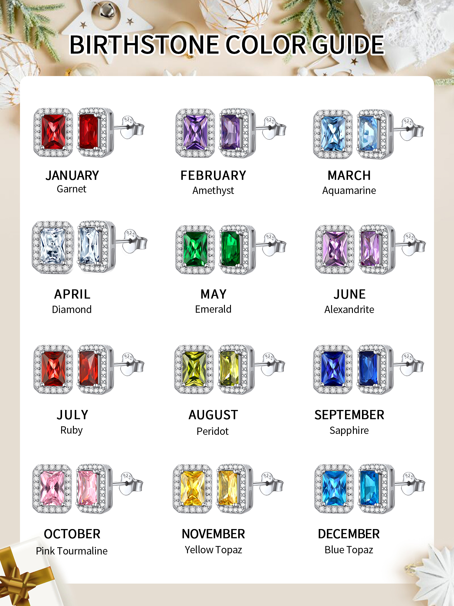 Square Birthstone Halo Stud Earrings for Women, birthstone Earrings, sterling silver jewlery, gem jewelry, sterling silver jewelry, gift idea