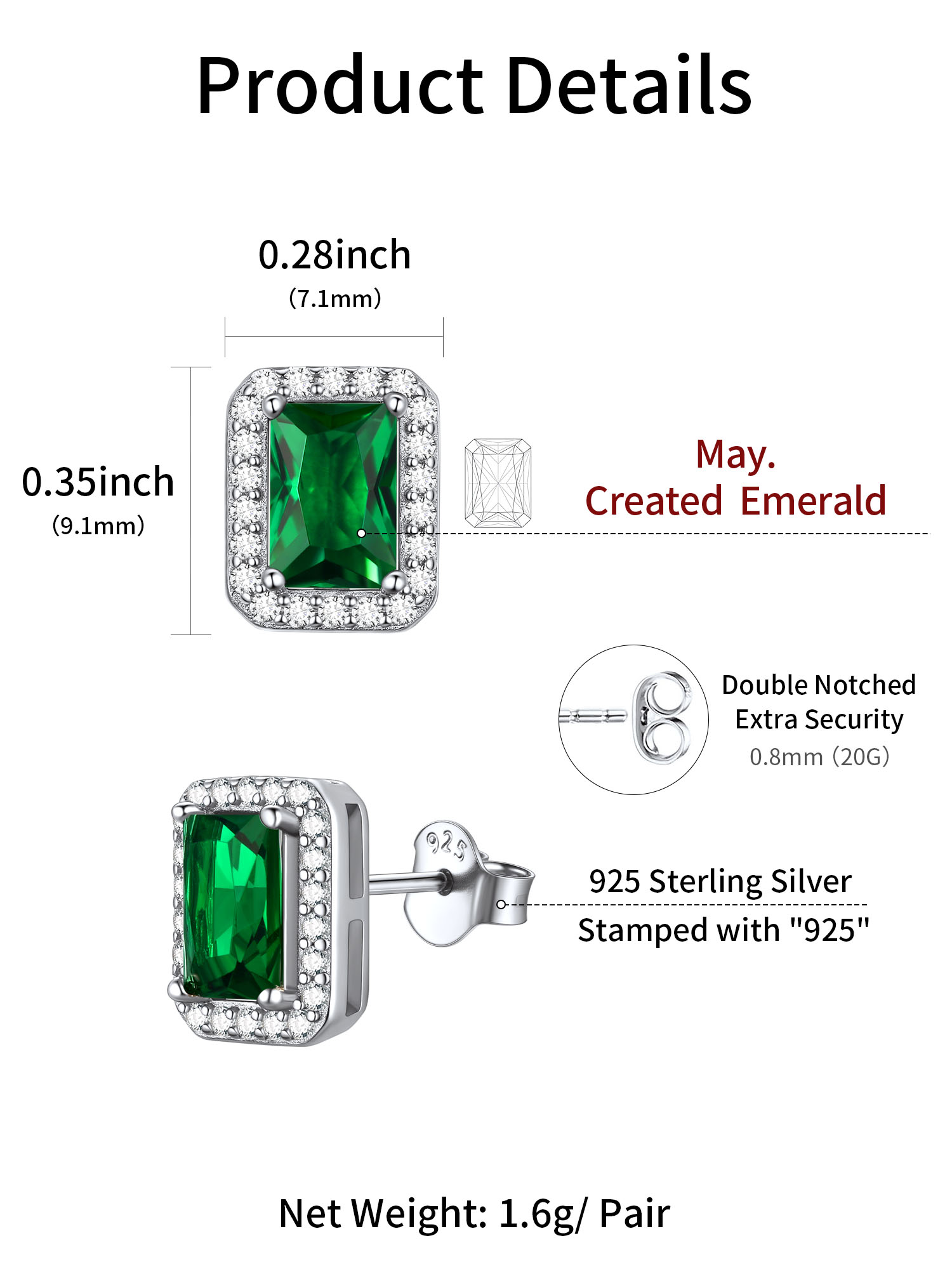 Square Birthstone Halo Stud Earrings for Women, may birthstone, Emerald Earrings, Taurus Birthstone, Gemini Birthstone, sterling silver earrings, gift idea
