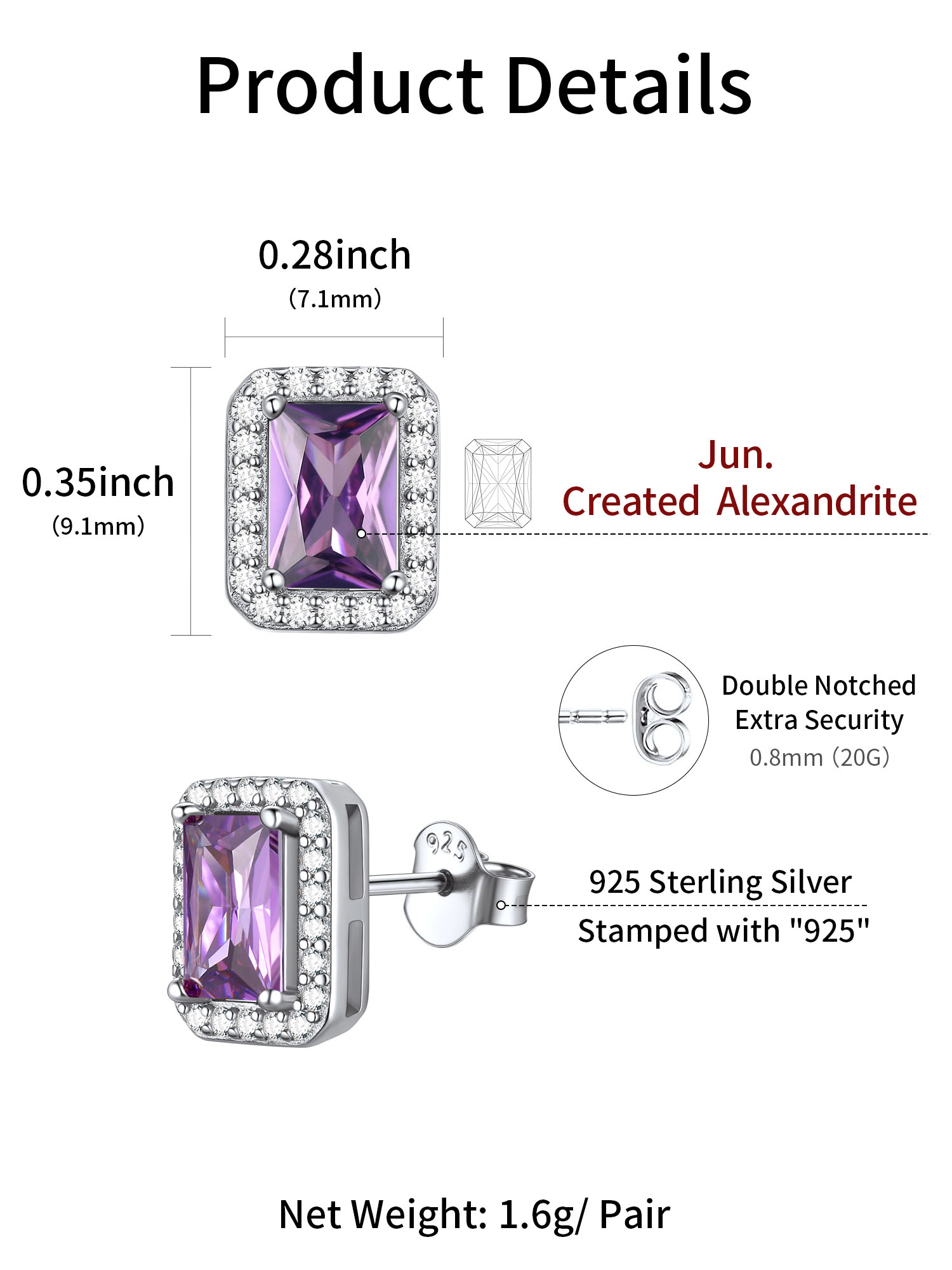 Square Birthstone Halo Stud Earrings for Women, june birthstone, Alexandrite Jewelry, Gemini Birthstone, Cancer Birthstone, birthstone jewelry, gift idea
