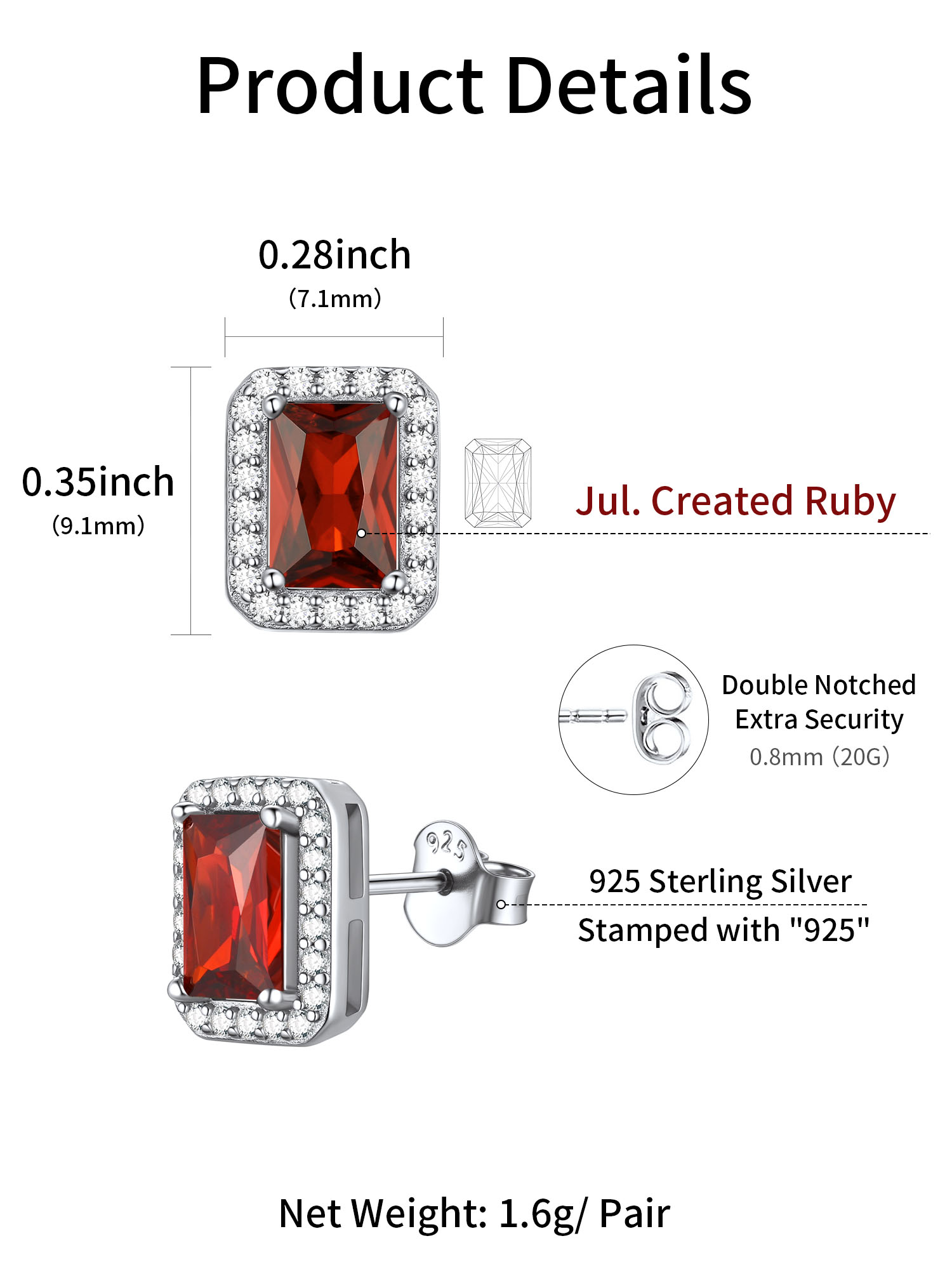 Square Birthstone Halo Stud Earrings for Women, july birthstone, Ruby Earrings, Cancer Birthstone, Leo Birthstone, sterling silver jewelry, gift idea