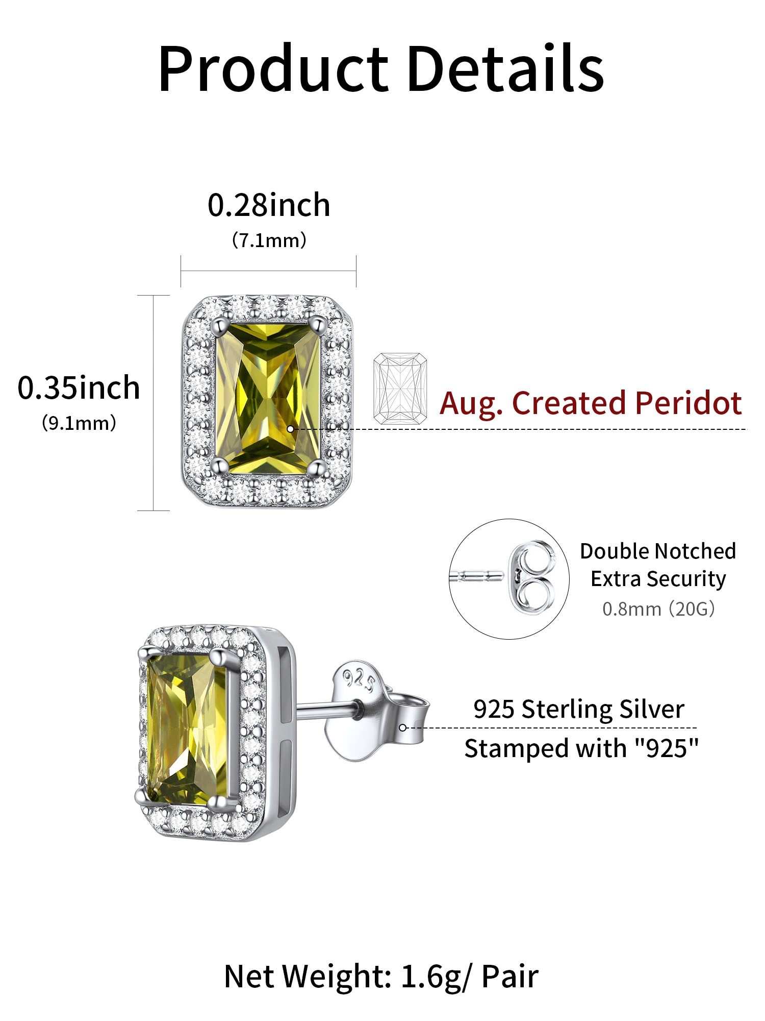Square Birthstone Halo Stud Earrings for Women,  august birthstone, Peridot Earrings , Leo Birthstone, Virgo Birthstone, sterling silver jewlery, gift idea