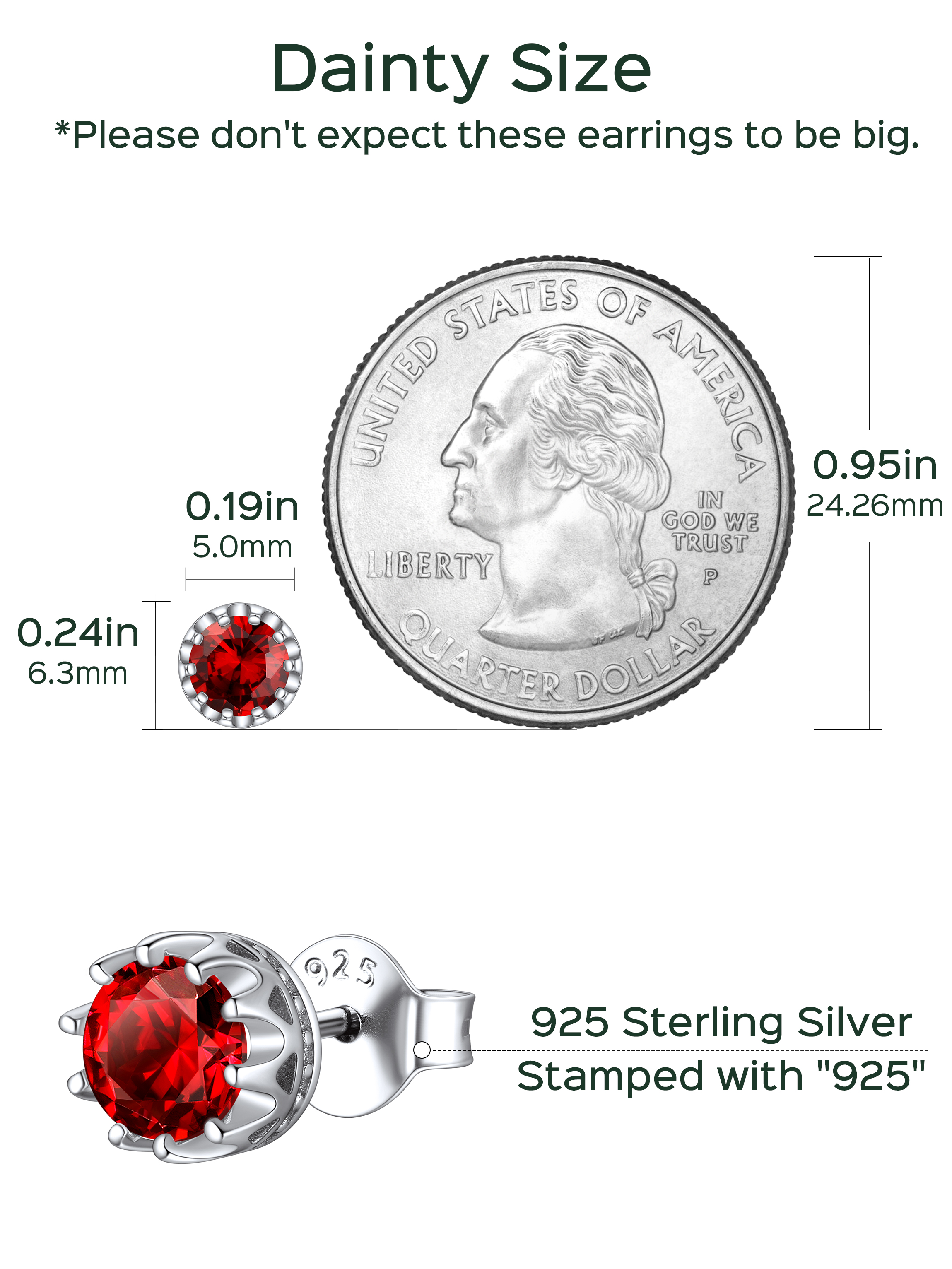 Solitaire Round Brilliant Birthstone Stud Earrings for her, jan birthstone, Garnet birthstone, Capricorn Birthstone, Aquarius Birthstone, sterling silver jewelry, gift idea