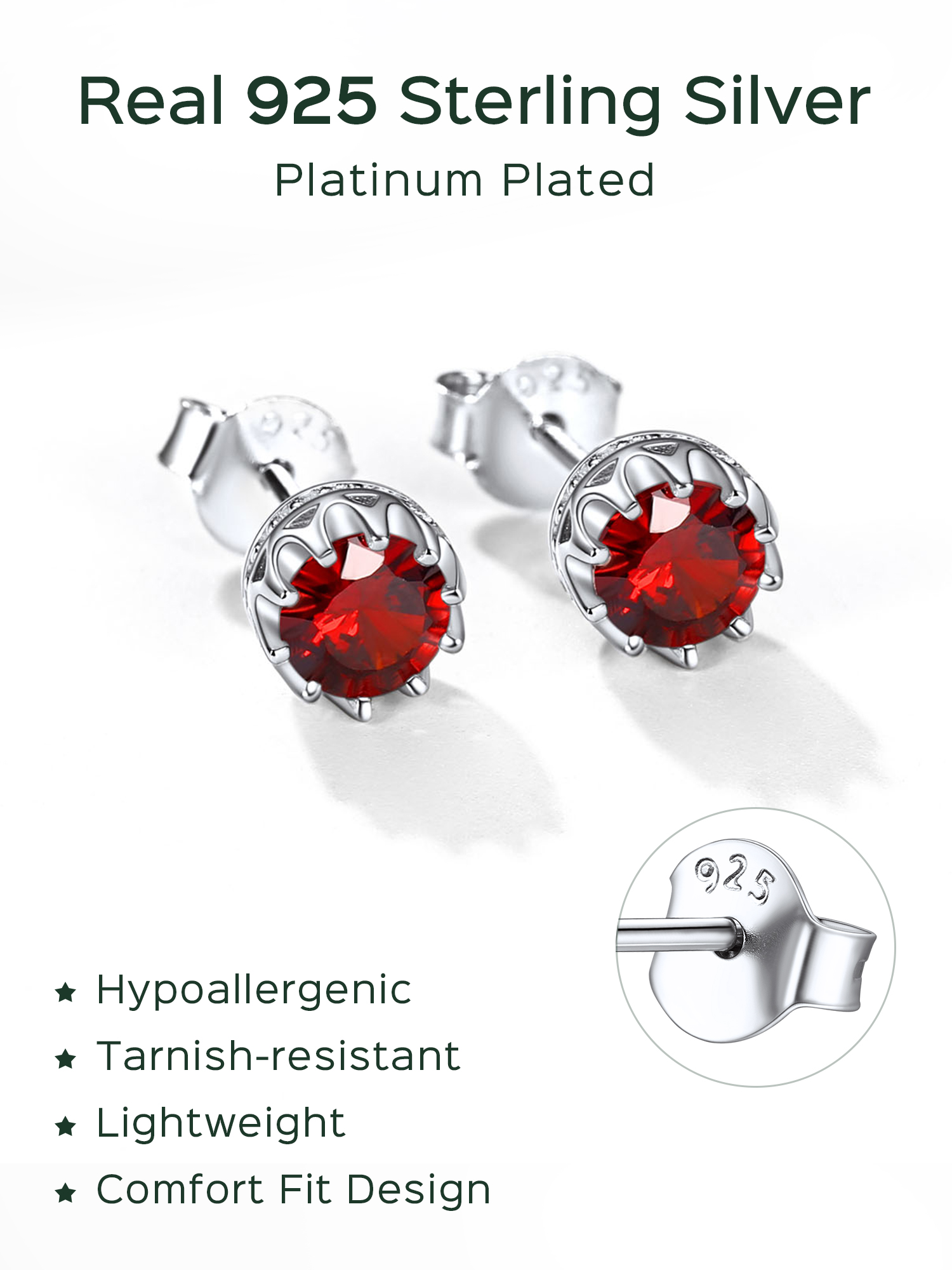 Solitaire Round Brilliant Birthstone Stud Earrings for her, jan birthstone, Garnet birthstone, Capricorn Birthstone, Aquarius Birthstone, sterling silver jewelry, gift idea