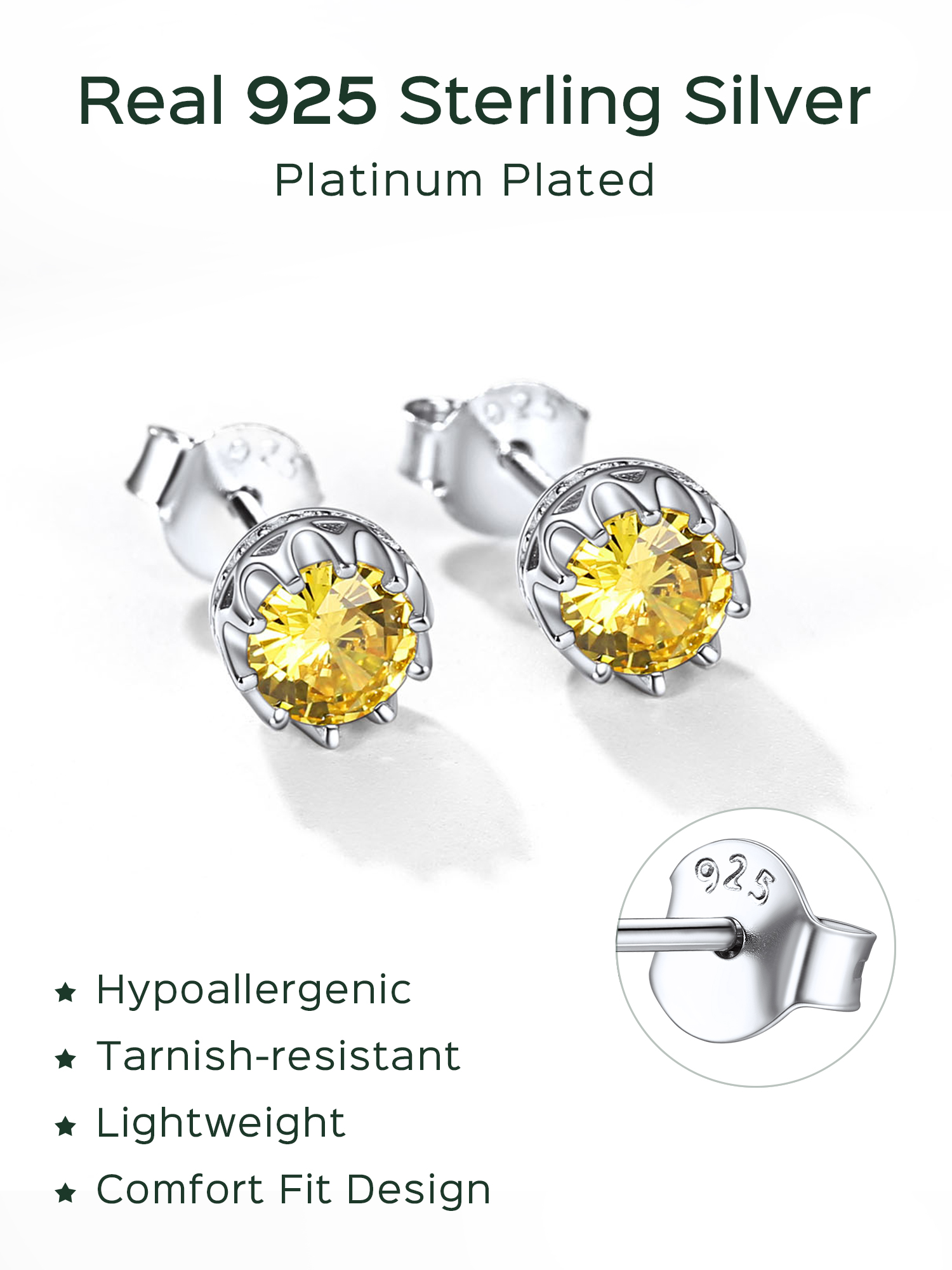 Solitaire Round Brilliant Birthstone Stud Earrings for her, November birthstone, Citrine Jewelry, Scorpio Birthstone, Sagittarius Birthstone, sterling silver jewelry, memorial gift, gift idea