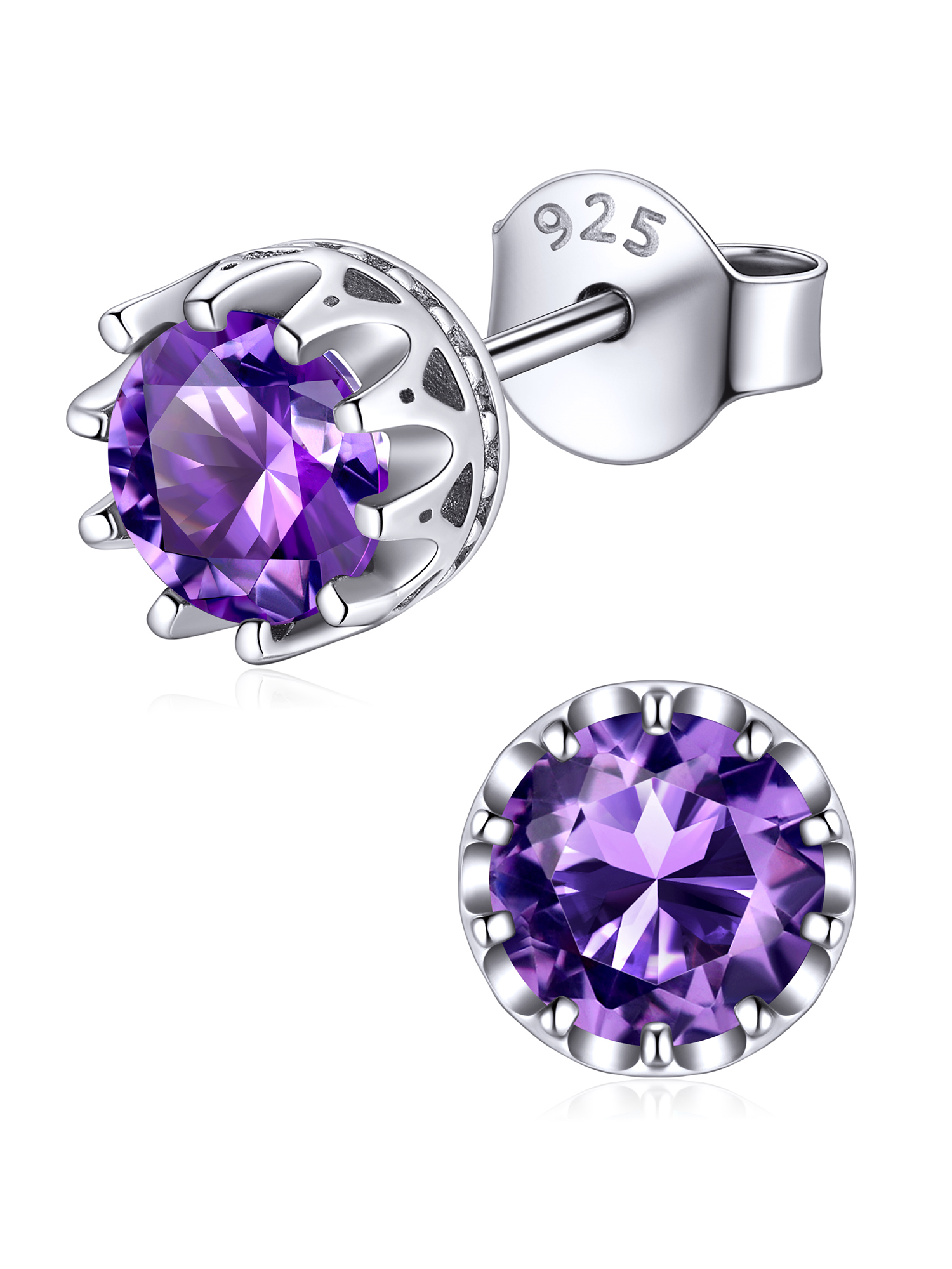Solitaire Round Brilliant Birthstone Stud Earrings for her, February birthstone, Amethyst Jewelry, Pisces Birthstone, Aquarius Birthstone, Sterling Silver Earrings, gift idea