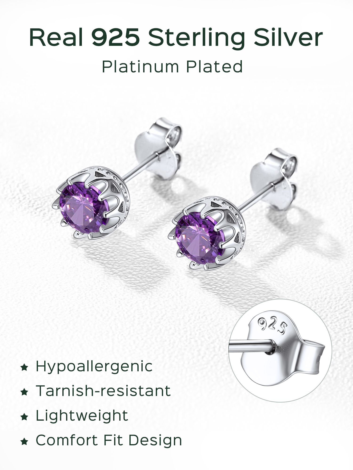 Solitaire Round Brilliant Birthstone Stud Earrings for her, February birthstone, Amethyst Jewelry, Pisces Birthstone, Aquarius Birthstone, Sterling Silver Earrings, gift idea