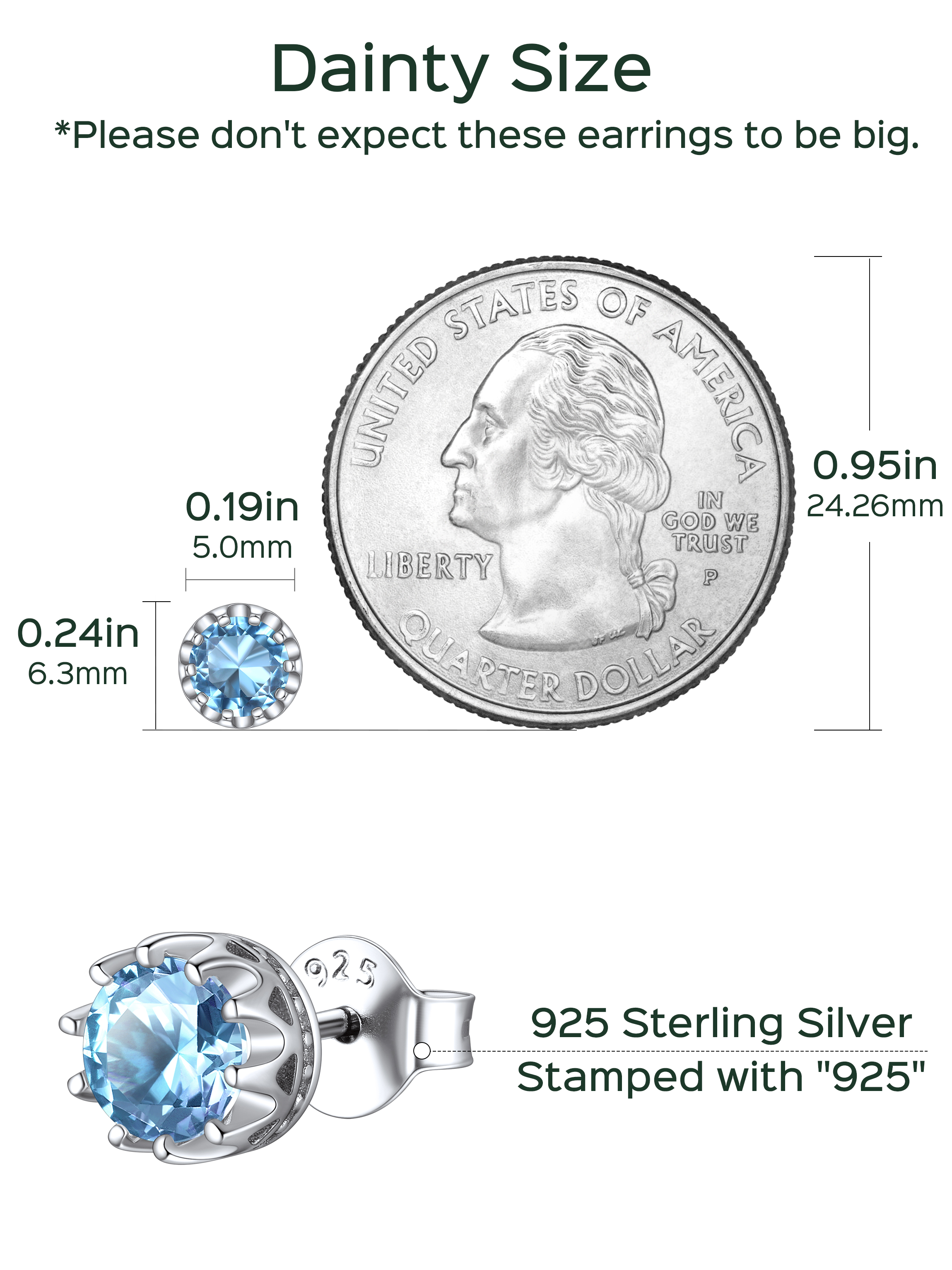 Solitaire Round Brilliant Birthstone Stud Earrings for her, march birthstone, Aquamarine Earrings, Pisces Birthstone, Aries Birthstone, sterling silver jewelry, gift idea