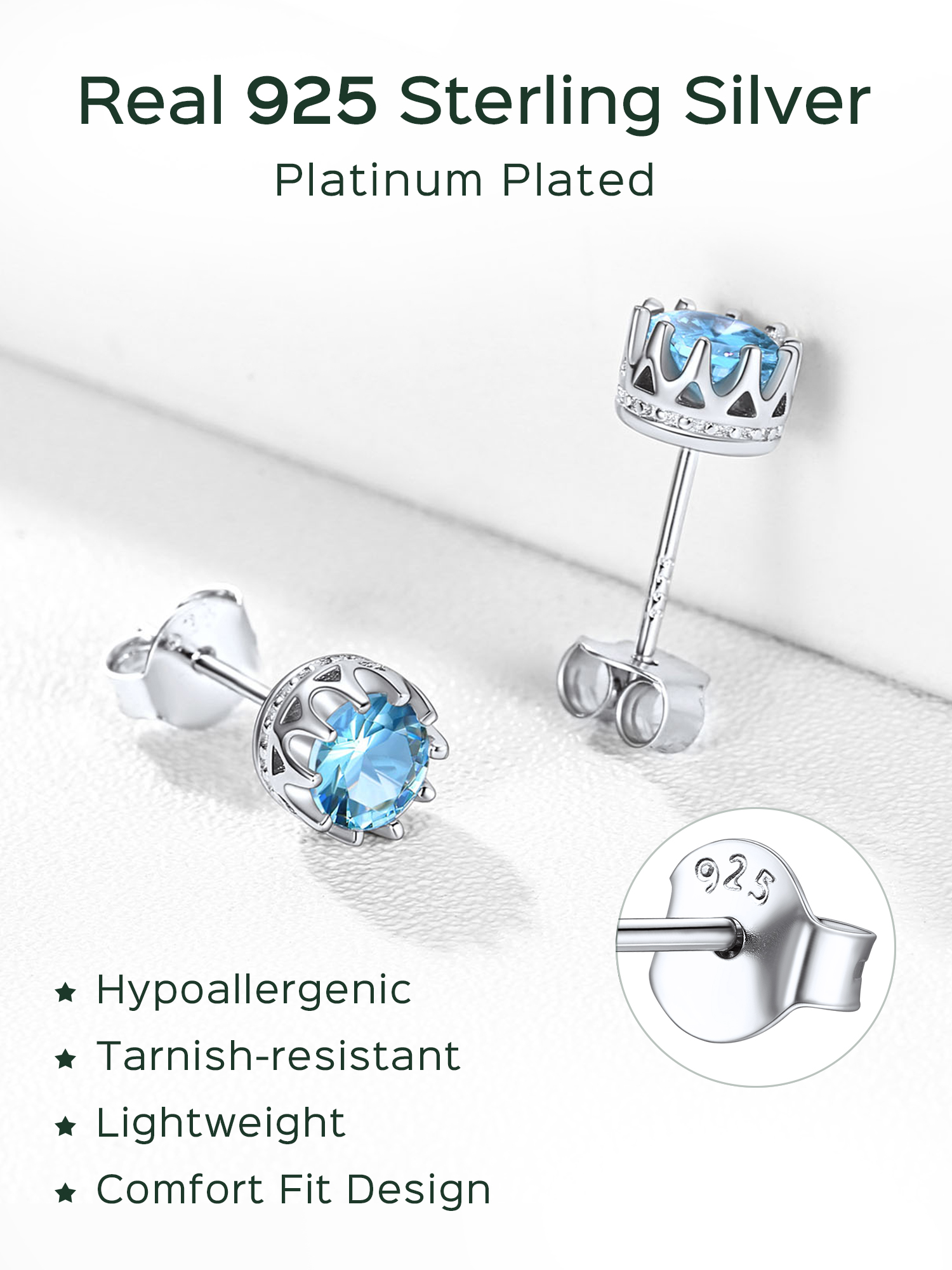 Solitaire Round Brilliant Birthstone Stud Earrings for her, march birthstone, Aquamarine Earrings, Pisces Birthstone, Aries Birthstone, sterling silver jewelry, gift idea