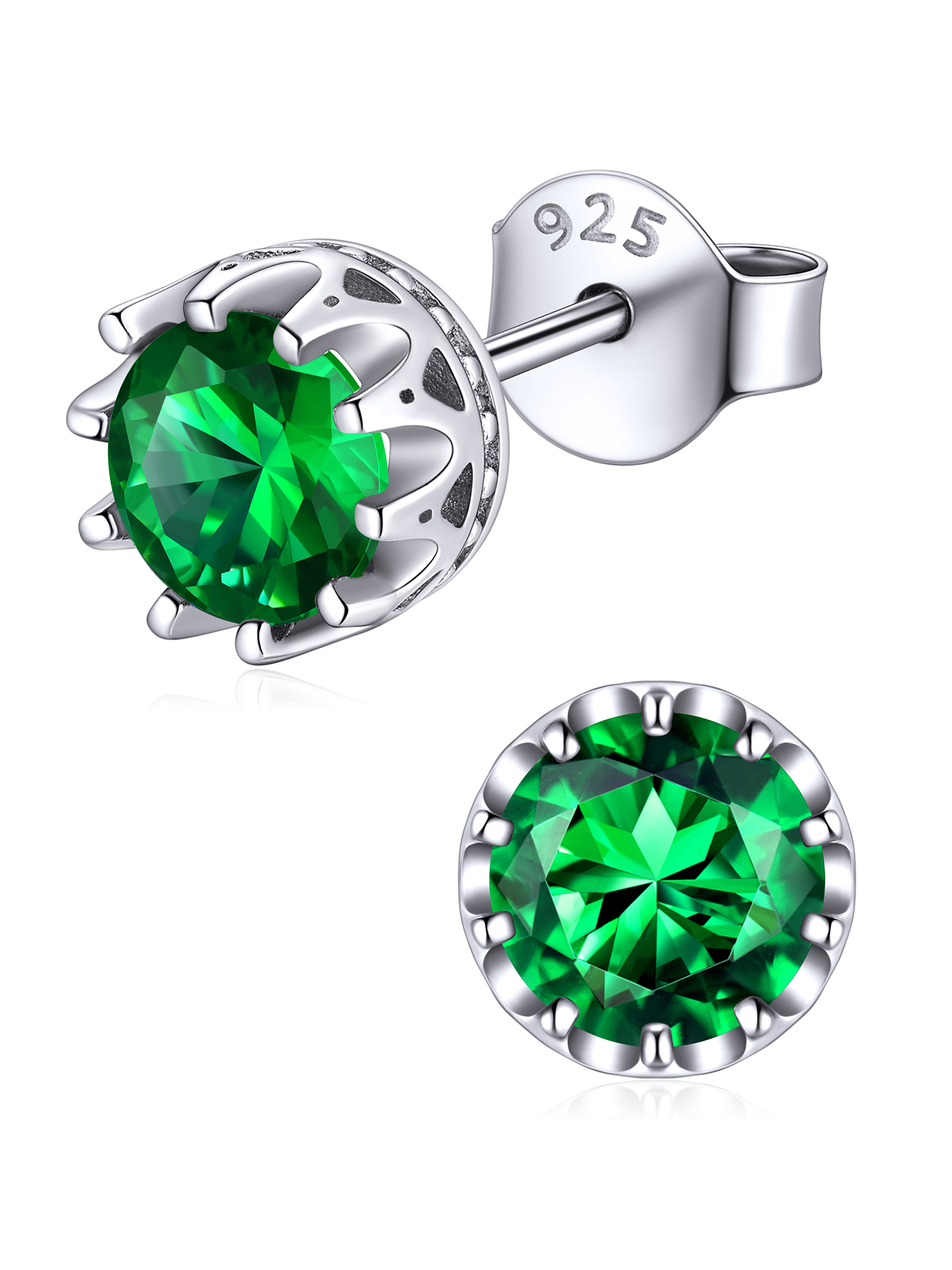 Solitaire Round Brilliant Birthstone Stud Earrings for her,  may birthstone, Emerald Earrings, Taurus Birthstone, Gemini Birthstone, sterling silver earrings, gift idea