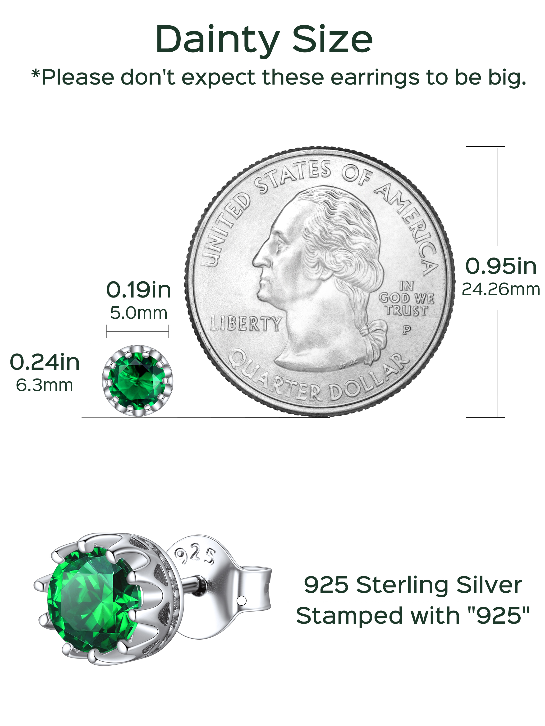 Solitaire Round Brilliant Birthstone Stud Earrings for her,  may birthstone, Emerald Earrings, Taurus Birthstone, Gemini Birthstone, sterling silver earrings, gift idea