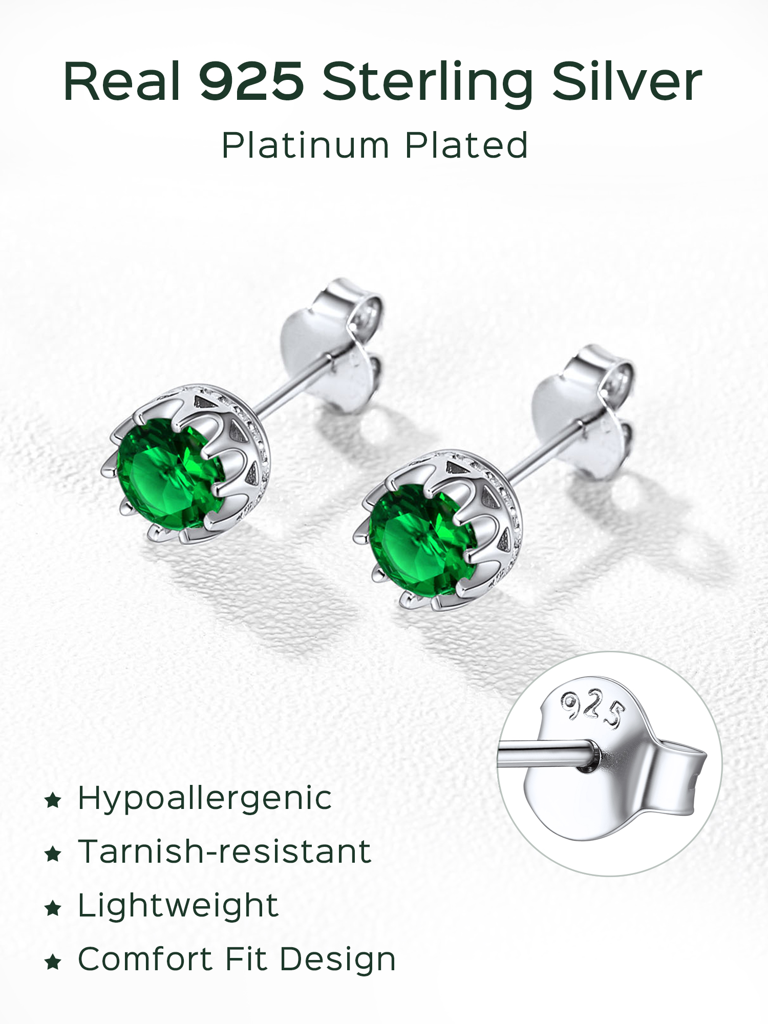 Solitaire Round Brilliant Birthstone Stud Earrings for her,  may birthstone, Emerald Earrings, Taurus Birthstone, Gemini Birthstone, sterling silver earrings, gift idea