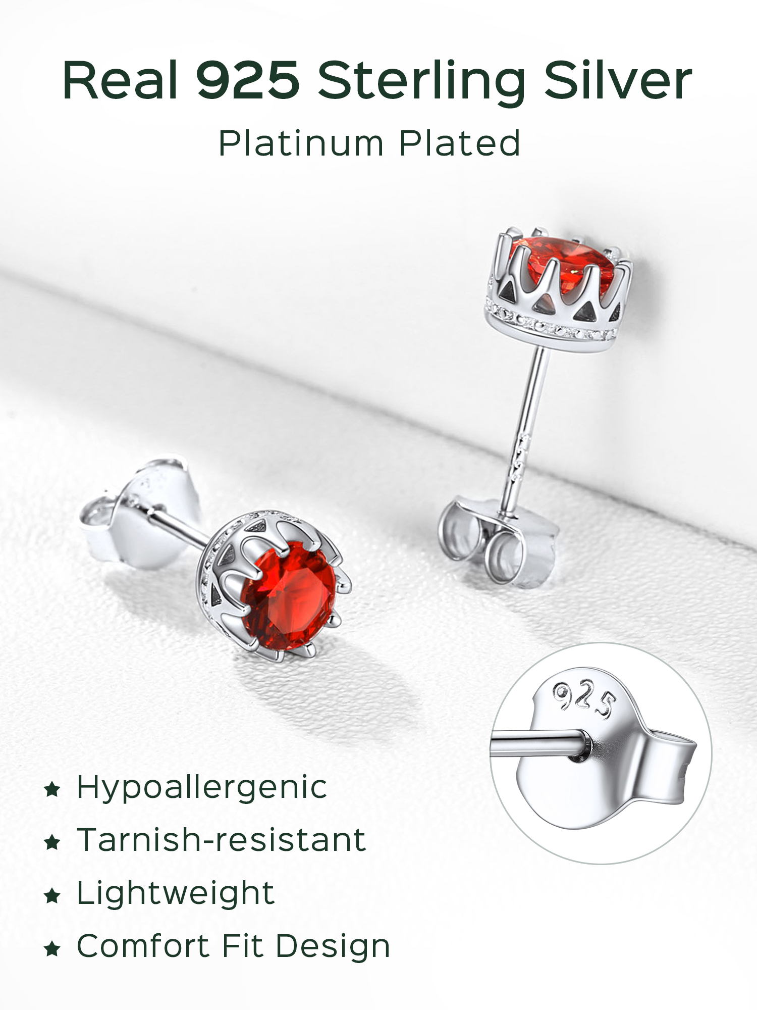 Solitaire Round Brilliant Birthstone Stud Earrings for her, july birthstone, Ruby Pendant, Cancer Birthstone, Leo Birthstone, sterling silver jewelry, gift idea