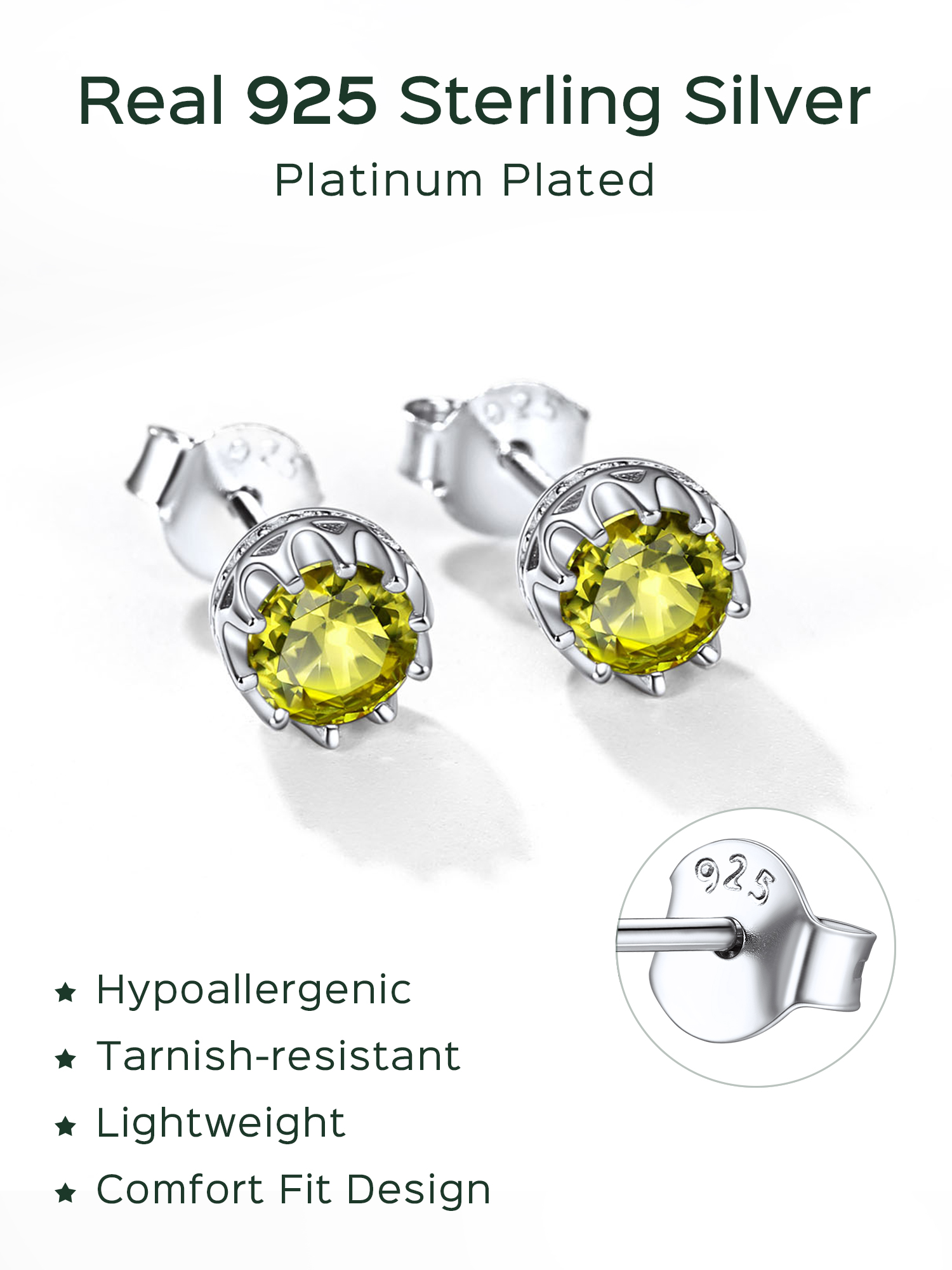 Solitaire Round Brilliant Birthstone Stud Earrings for her, august birthstone, Peridot Necklace, Leo Birthstone, Virgo Birthstone, sterling silver jewelry, gift idea