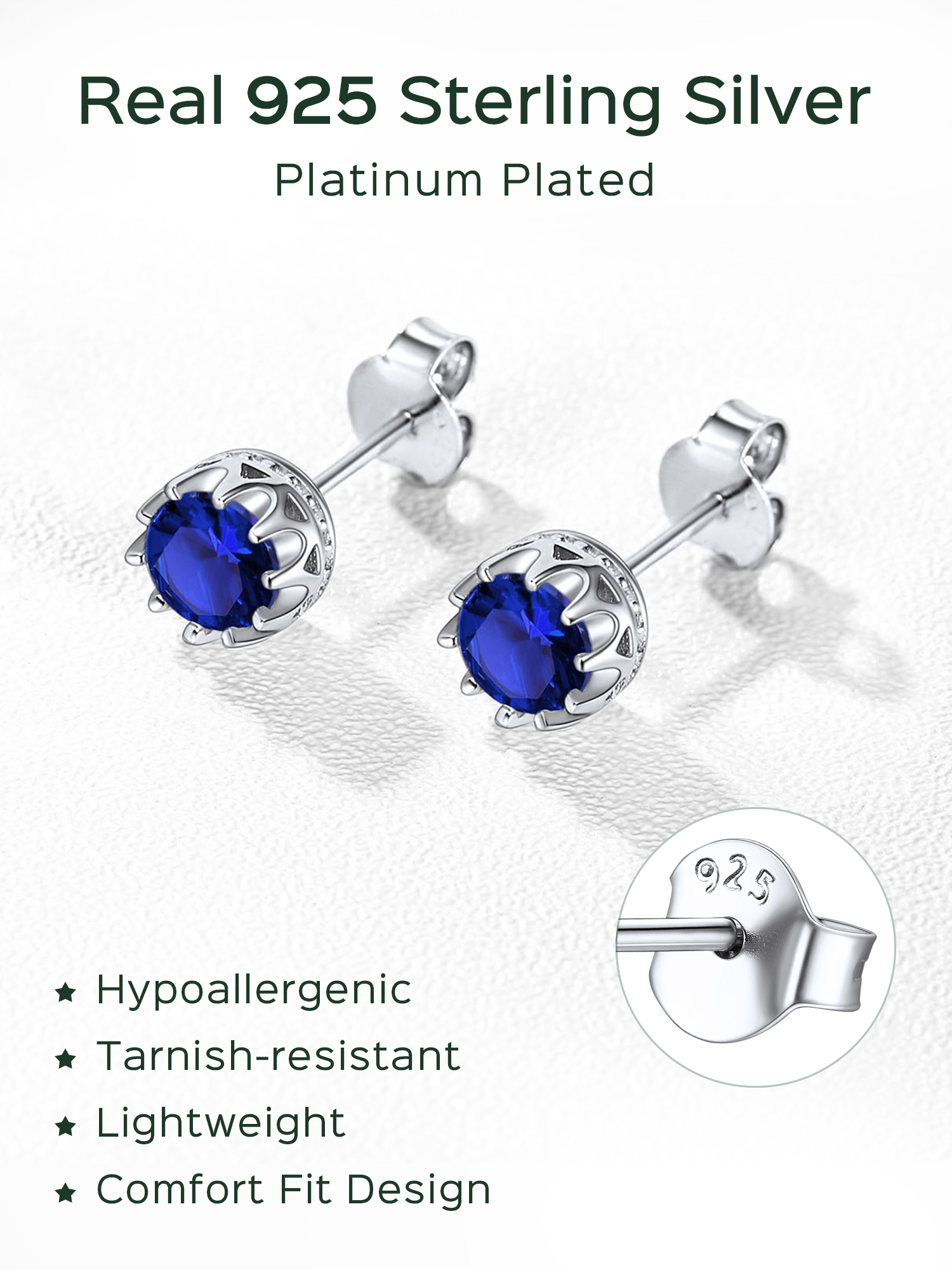 Solitaire Round Brilliant Birthstone Stud Earrings for her, september birthstone, Sapphire Jewelry, Virgo Birthstone, Libra Birthstone, sterling silver jewelry, gift idea