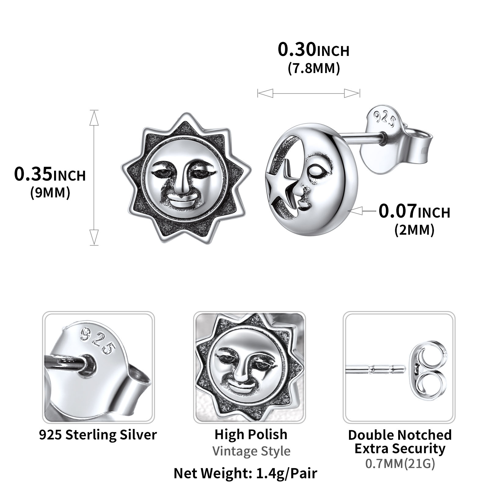 Star Sun Moon Vintage Dainty Mismatched Stud Earrings Details: Dimensions, Hypoallergenic, Push Back Finding