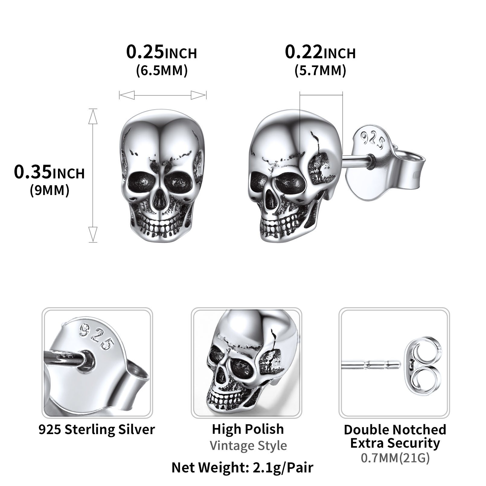 Sterling Silver ChicSilver Gothic Skull Head Stud Earrings Details: Dimensions, Hypoallergenic, Push Back Finding