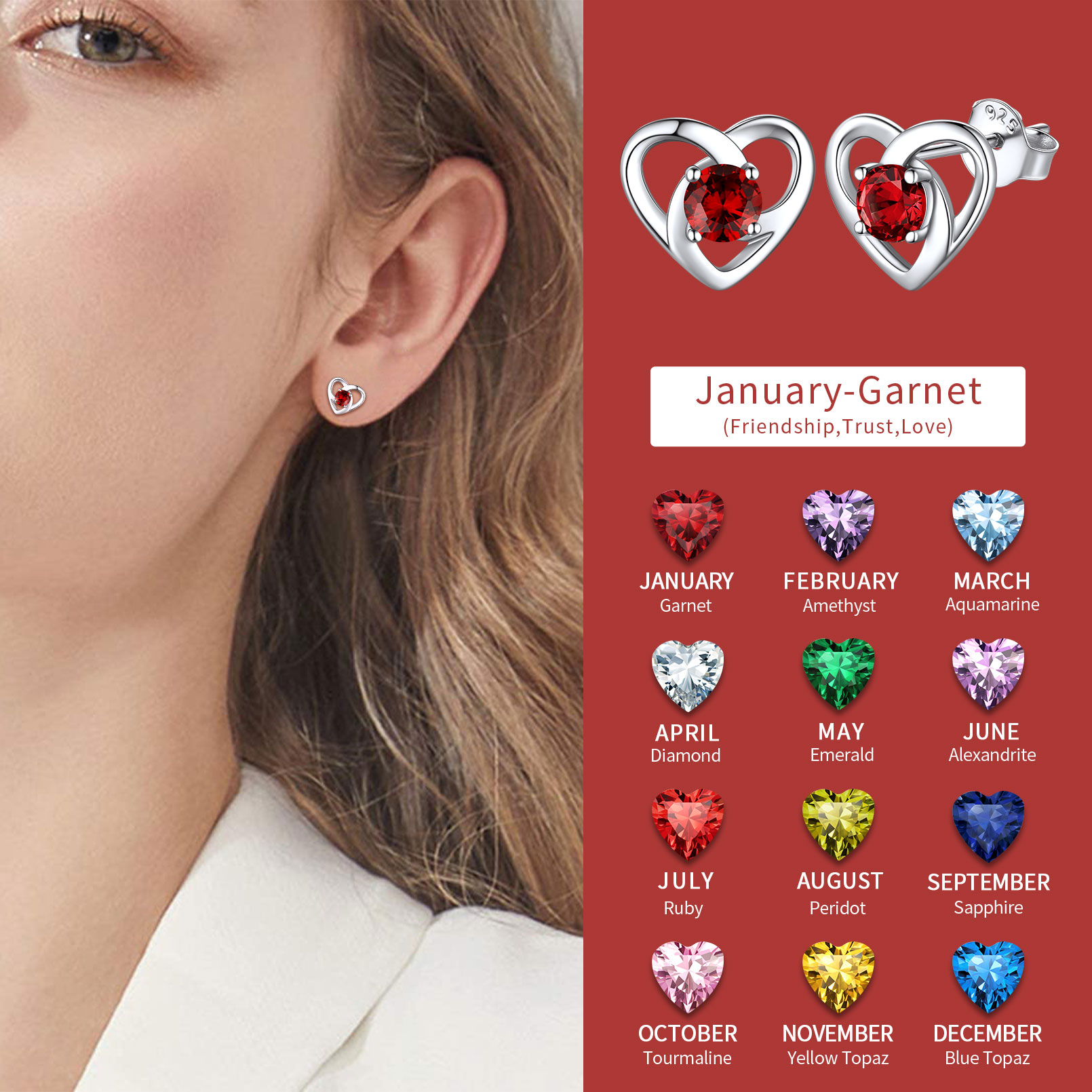 Celtic Knot Heart with Birthstone Earrings women, jan birthstone, Garnet birthstone, Capricorn Birthstone, Aquarius Birthstone, sterling silver jewelry, gift idea