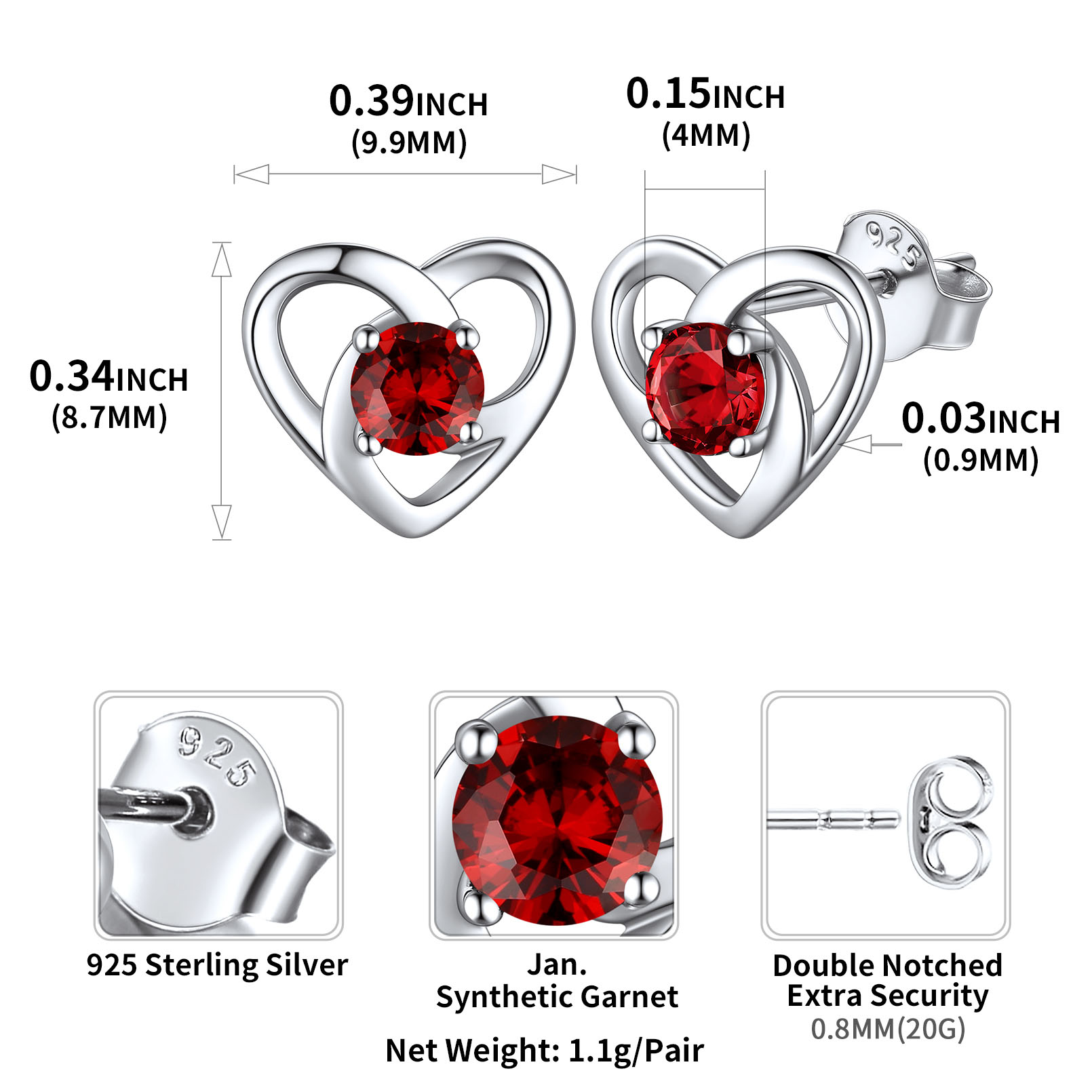 Sterling Silver Celtic Knot Heart with Birthstone Earrings details: Dimensions, Hypoallergenic, Push Back Finding