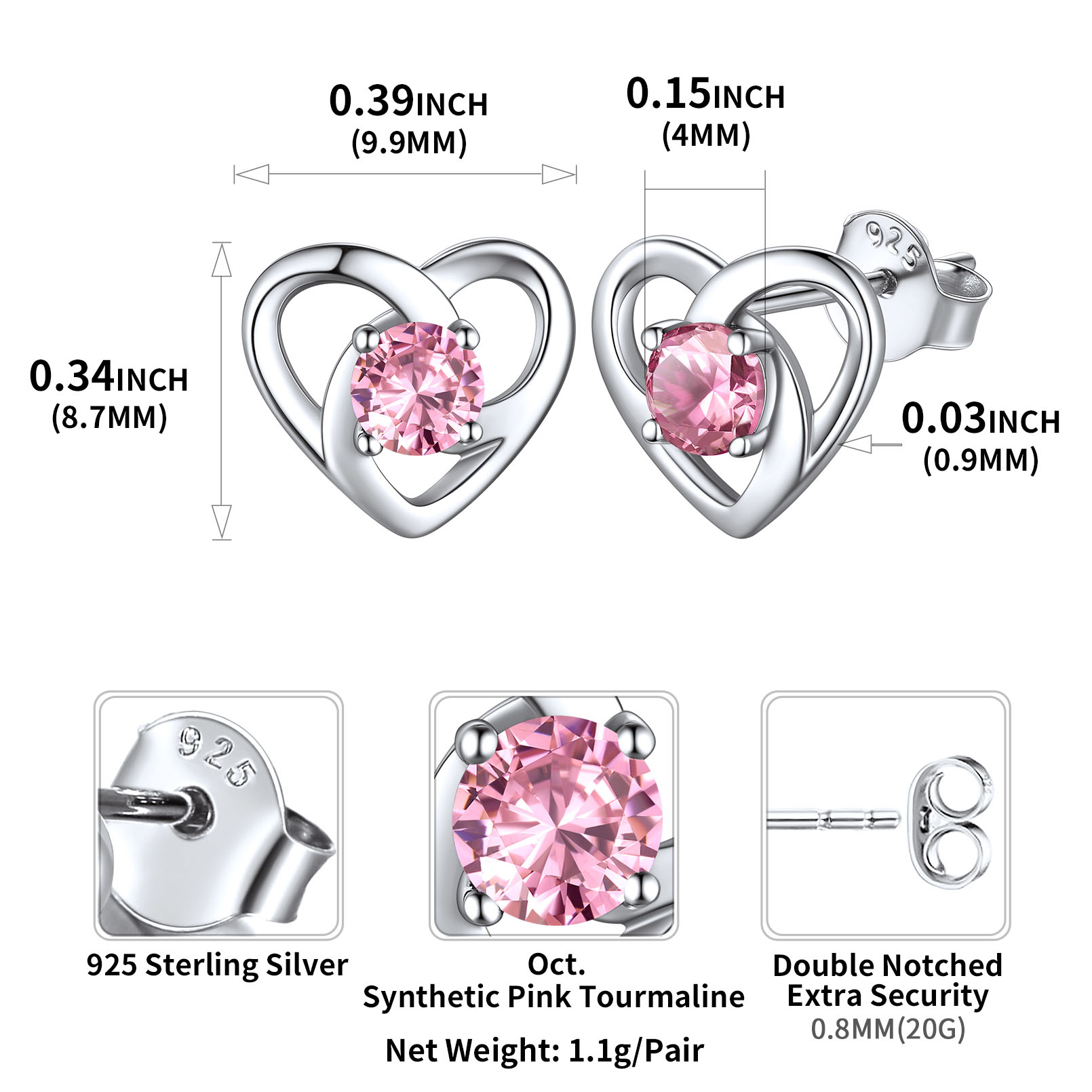 Sterling Silver Celtic Knot Heart with Birthstone Earrings details: Dimensions, Hypoallergenic, Push Back Finding