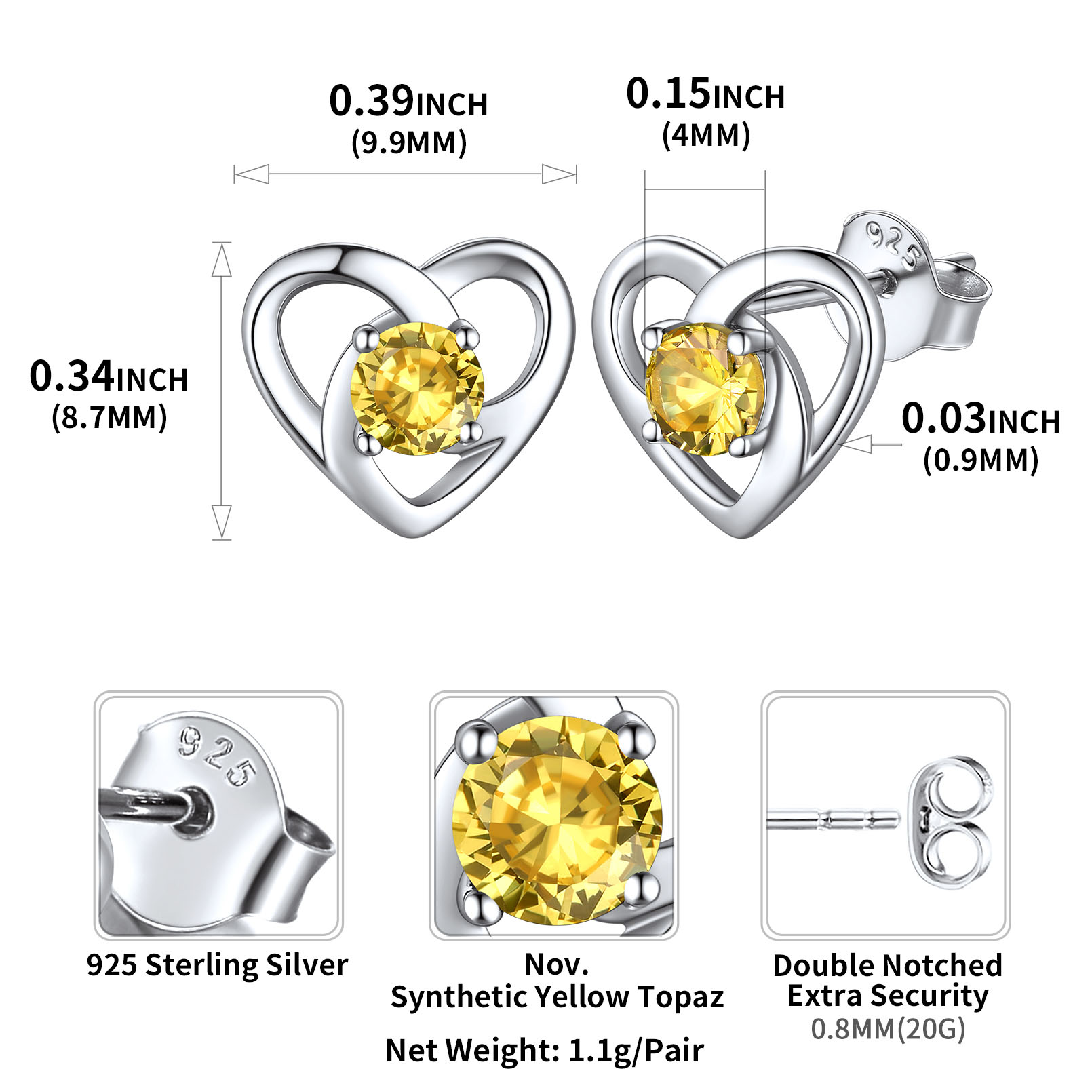 Sterling Silver Celtic Knot Heart with Birthstone Earrings details: Dimensions, Hypoallergenic, Push Back Finding
