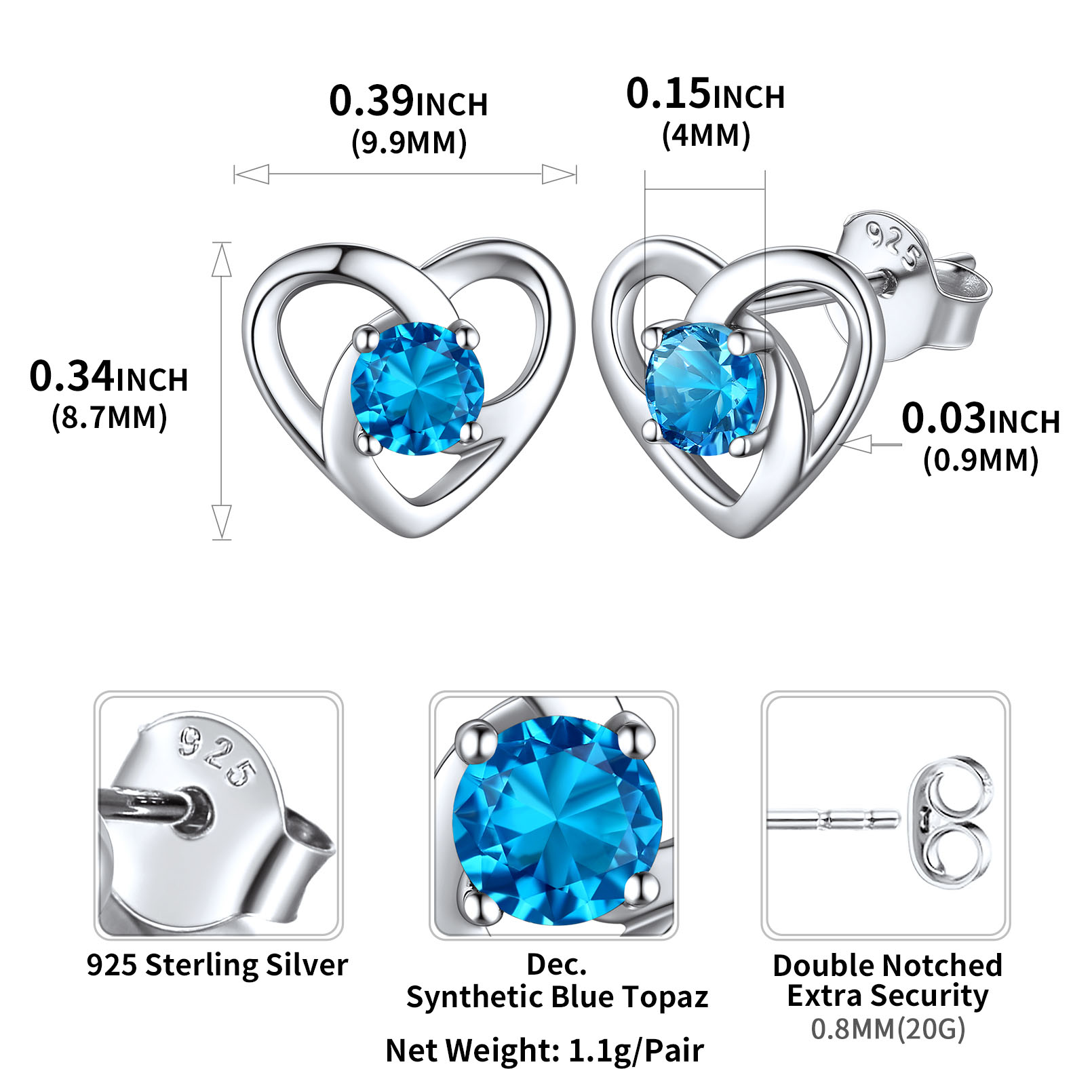 Sterling Silver Celtic Knot Heart with Birthstone Earrings details: Dimensions, Hypoallergenic, Push Back Finding