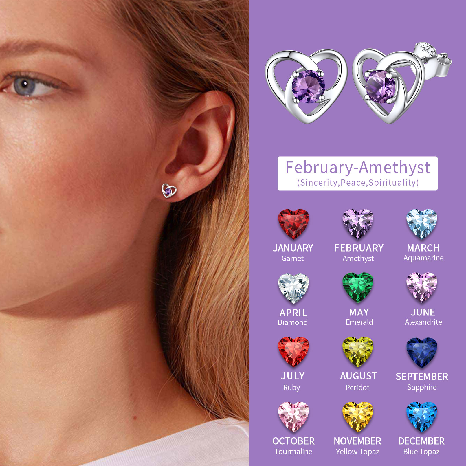 Celtic Knot Heart with Birthstone Earrings in Different Month Colors