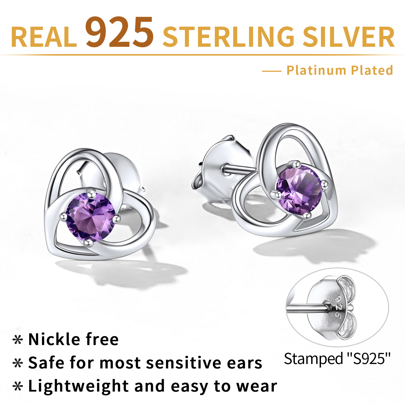 Sterling Silver Celtic Knot Heart with February Birthstone Earrings for women