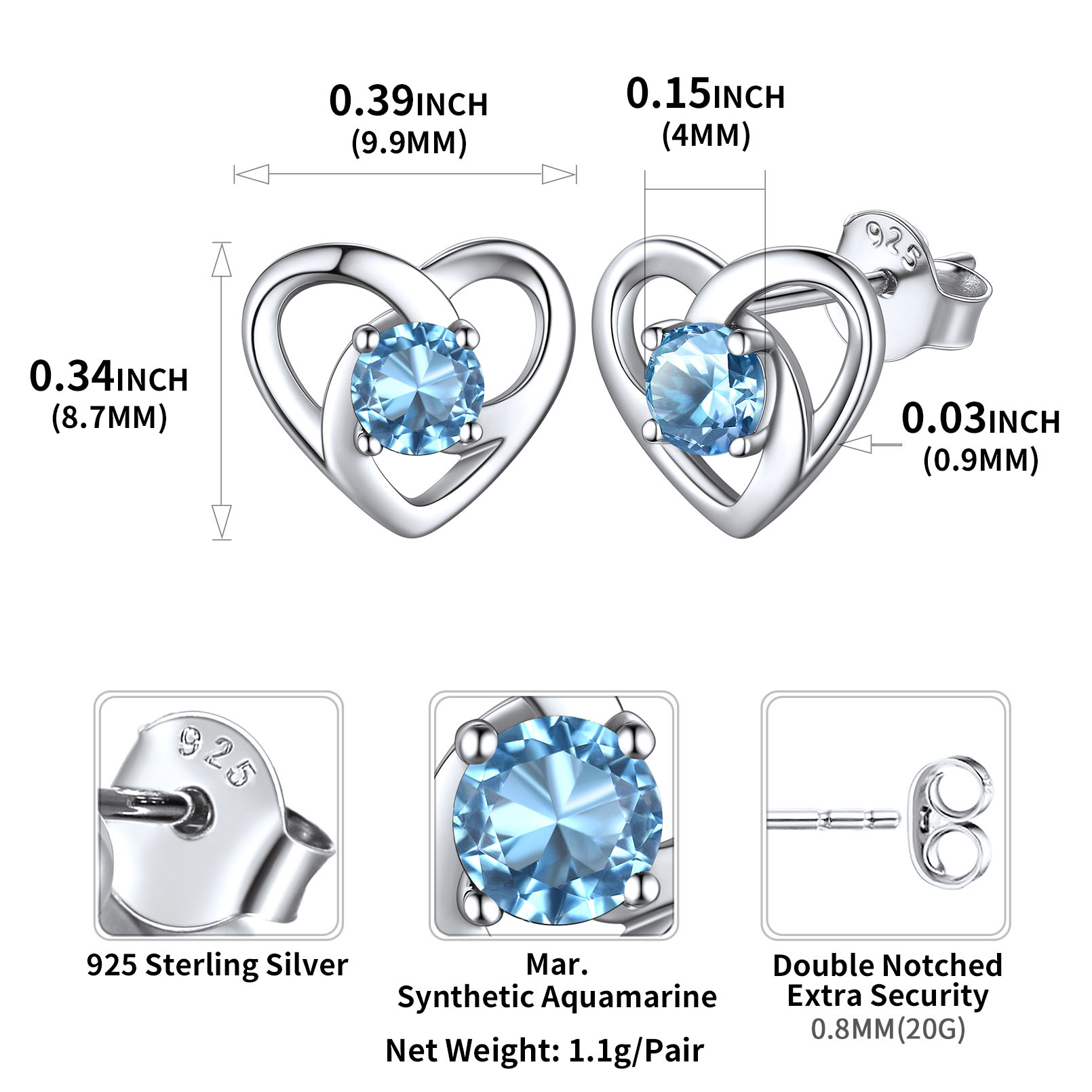 Sterling Silver Celtic Knot Heart with Birthstone Earrings details: Dimensions, Hypoallergenic, Push Back Finding