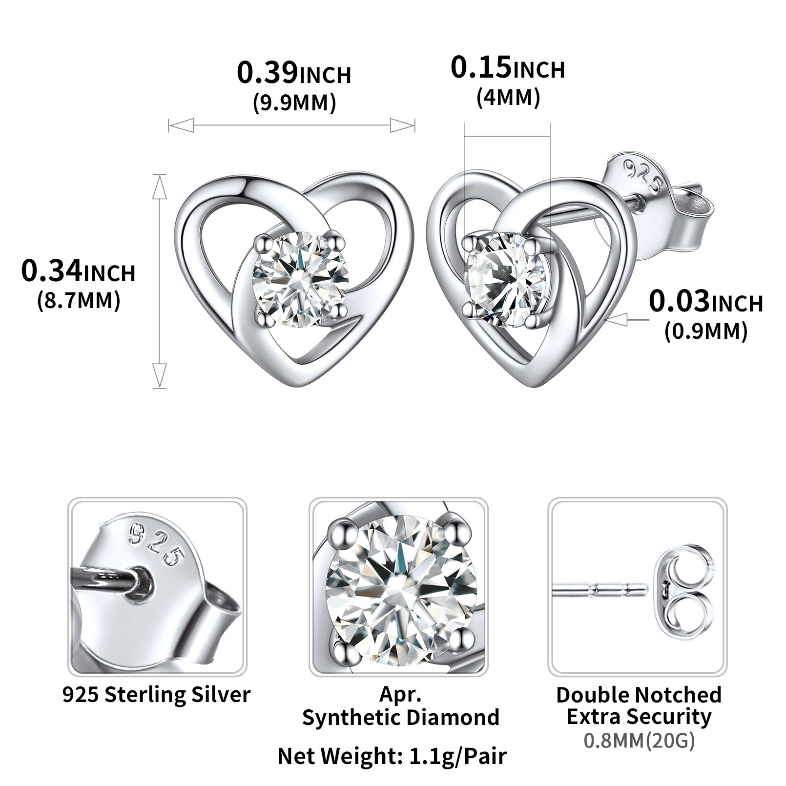 Sterling Silver Celtic Knot Heart with Birthstone Earrings details: Dimensions, Hypoallergenic, Push Back Finding