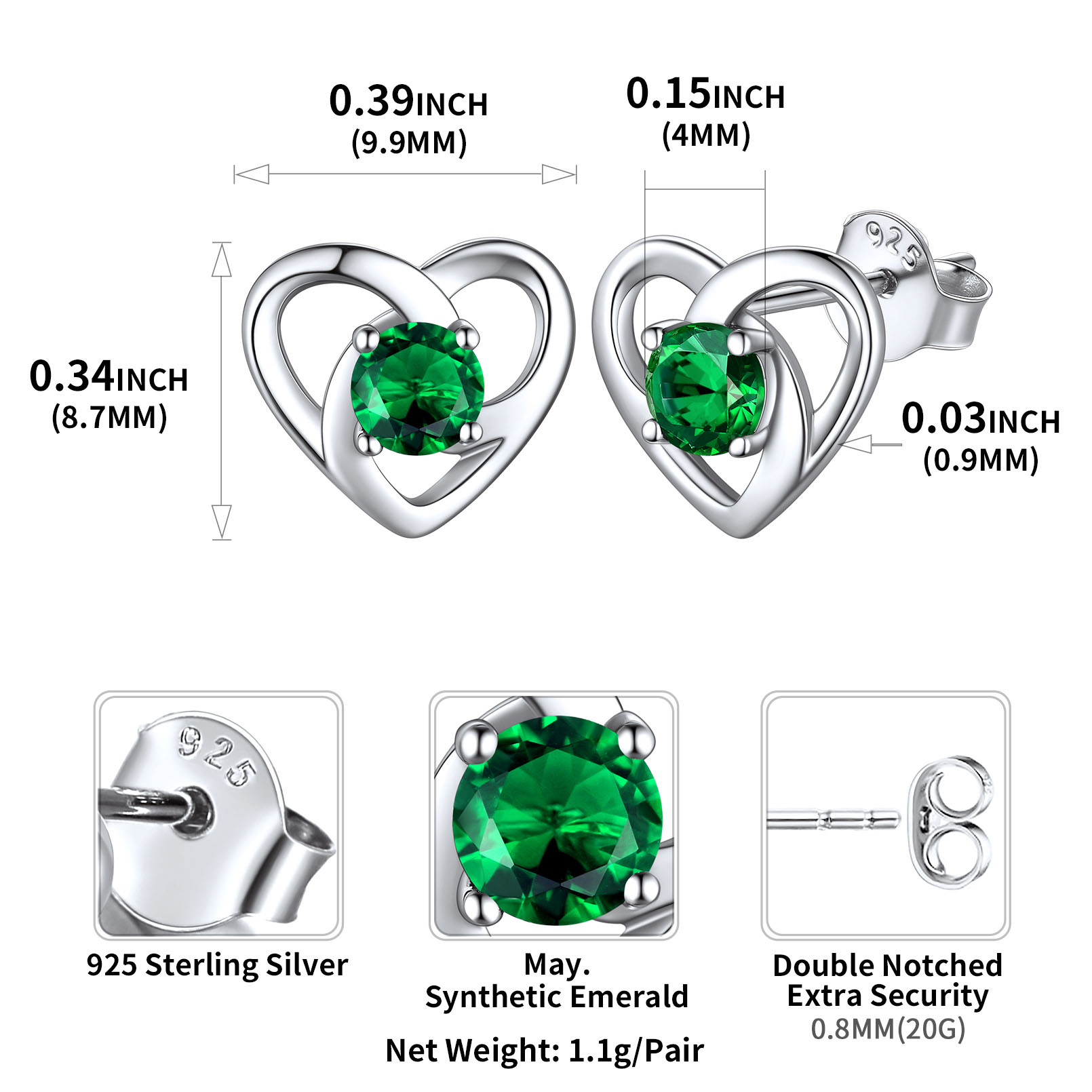 Sterling Silver Celtic Knot Heart with Birthstone Earrings details: Dimensions, Hypoallergenic, Push Back Finding