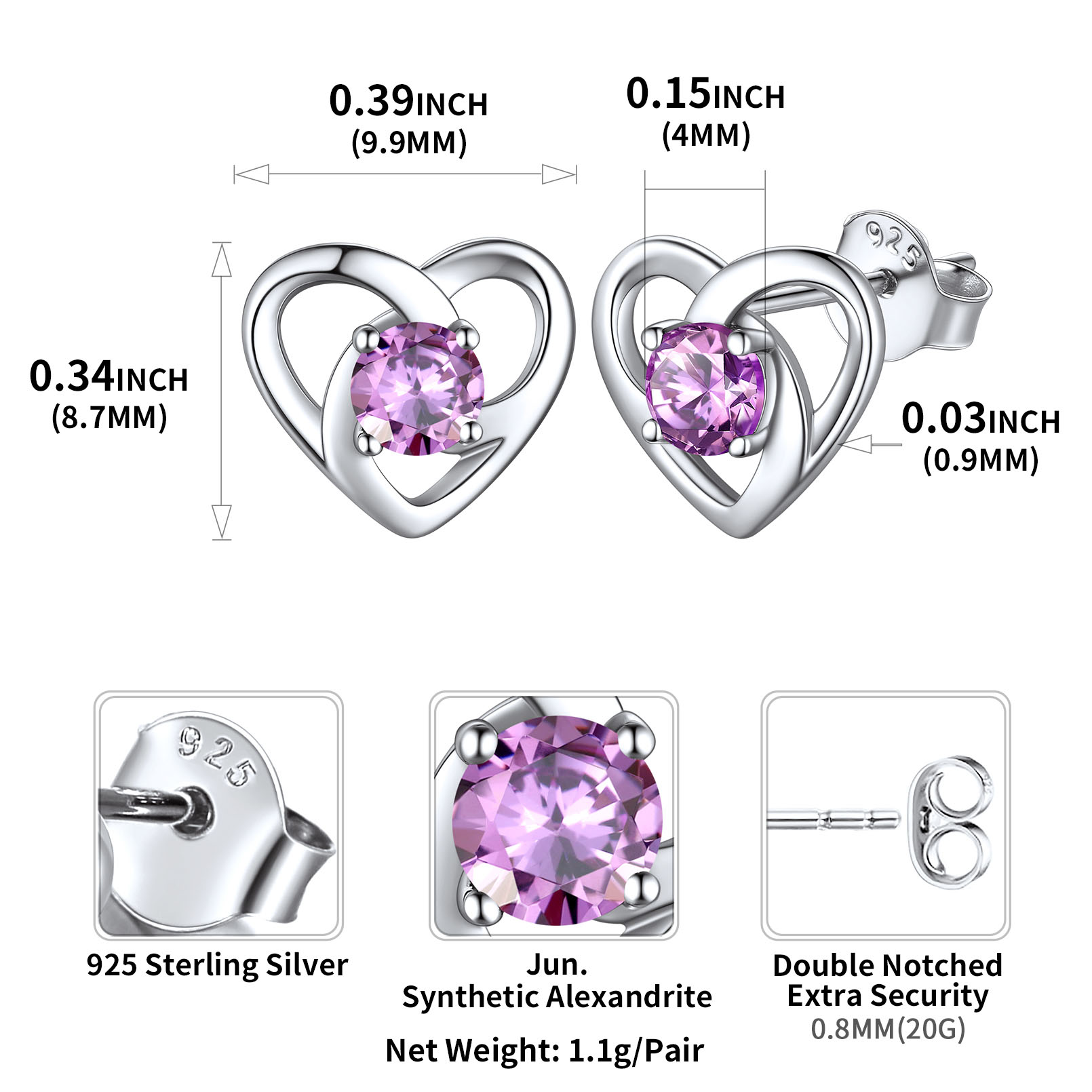 Sterling Silver Celtic Knot Heart with Birthstone Earrings details: Dimensions, Hypoallergenic, Push Back Finding