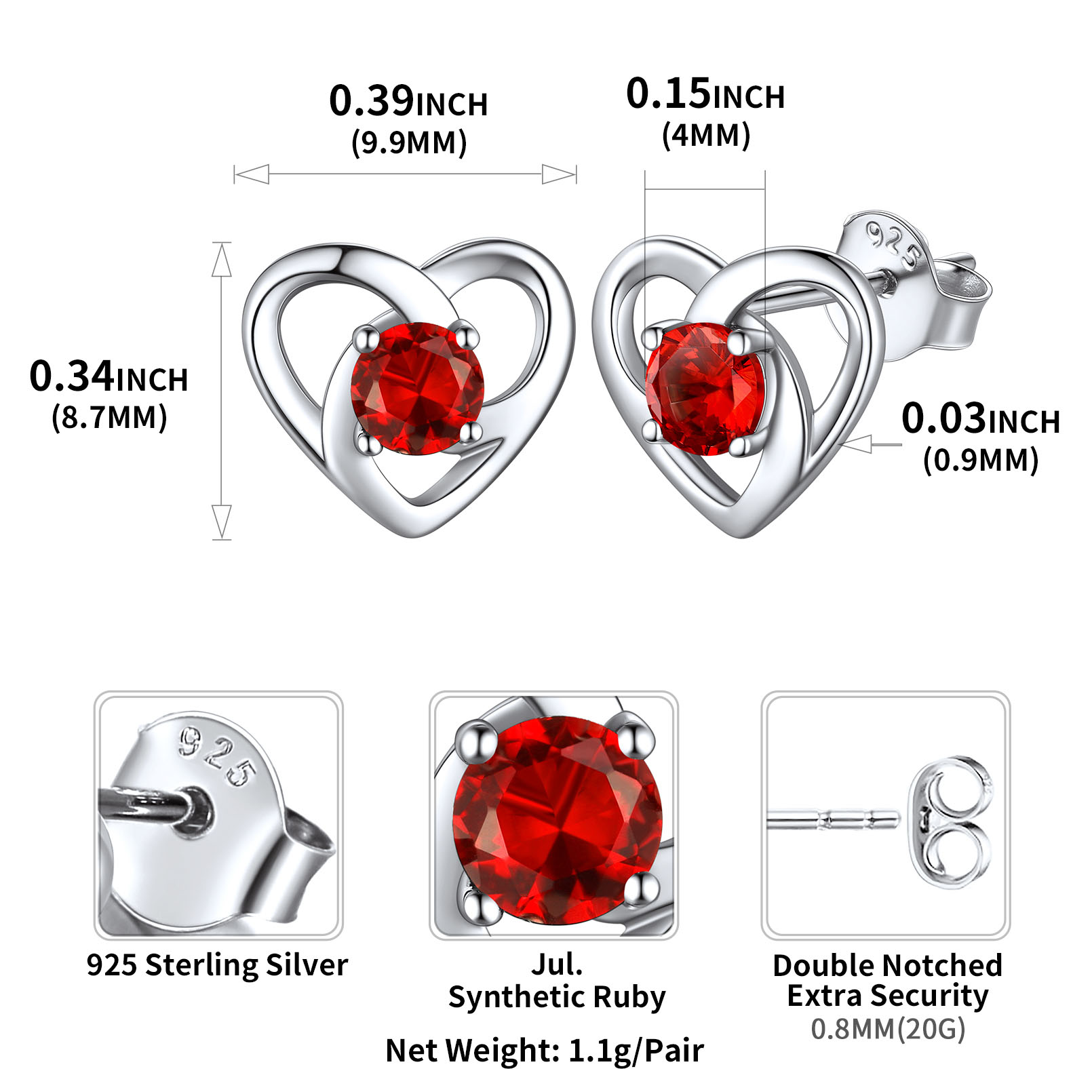 Sterling Silver Celtic Knot Heart with Birthstone Earrings details: Dimensions, Hypoallergenic, Push Back Finding