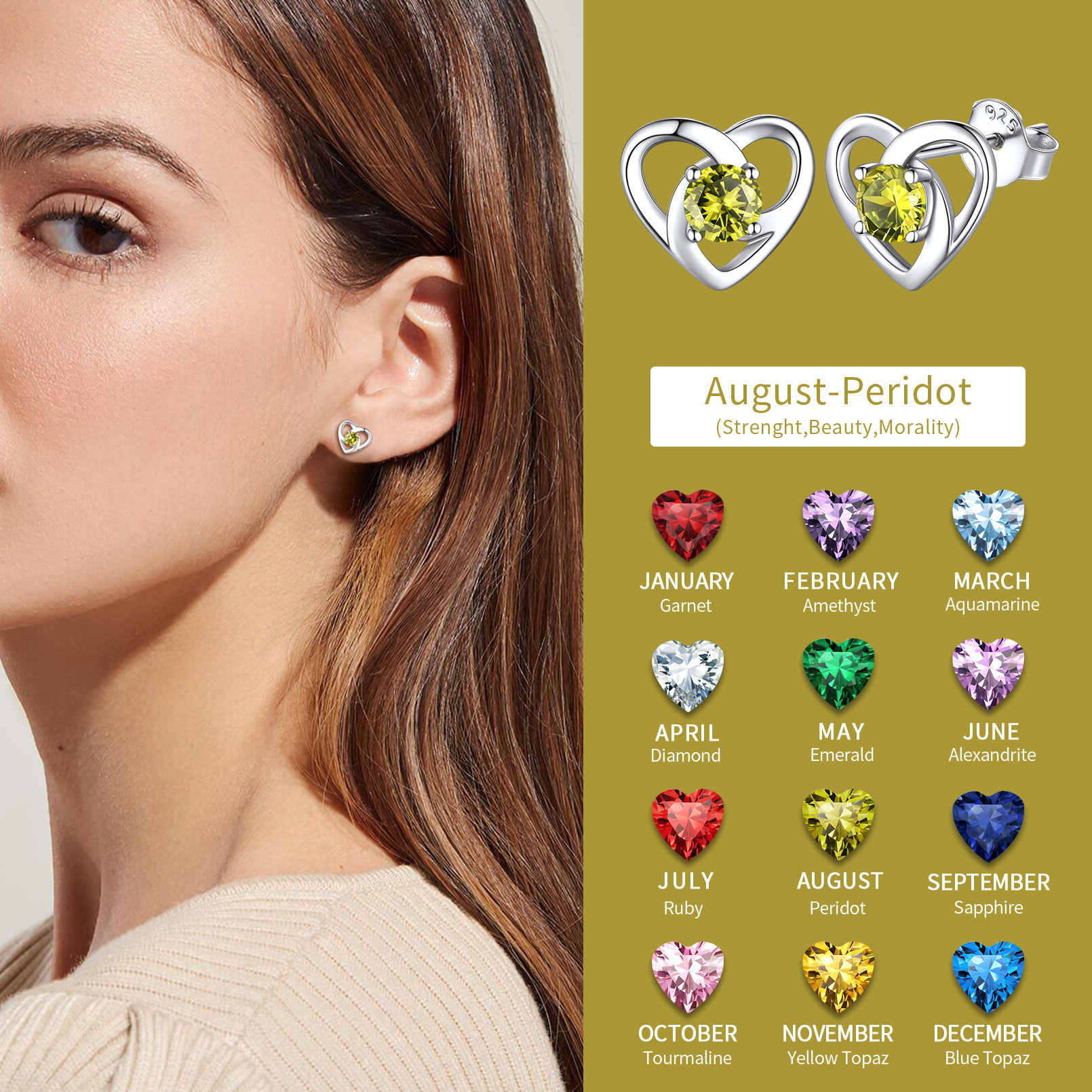 Celtic Knot Heart with Birthstone Earrings in Different Month Colors