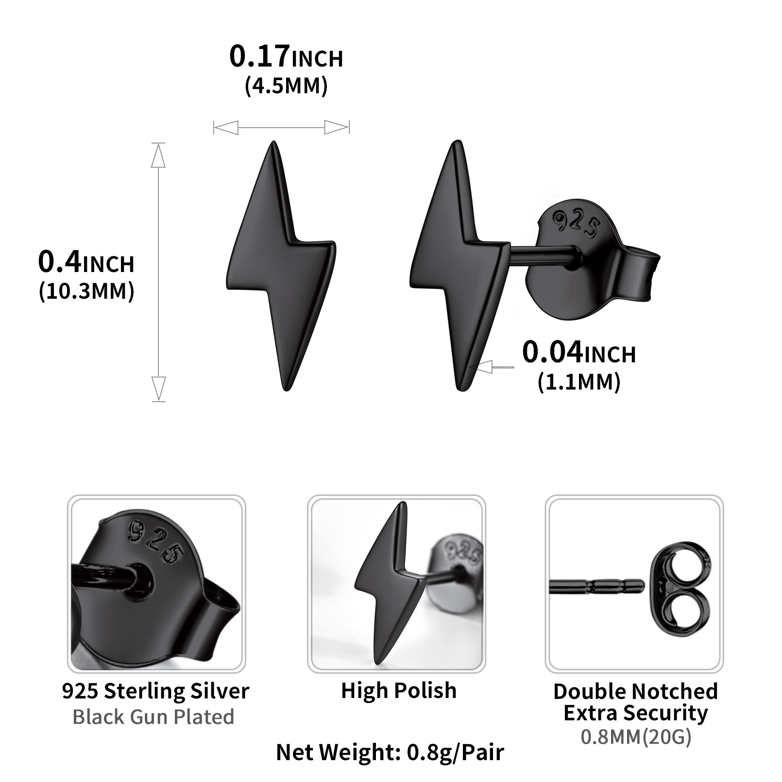 Lightning Studs Earrings Details: Dimensions, Hypoallergenic, Push Back Finding