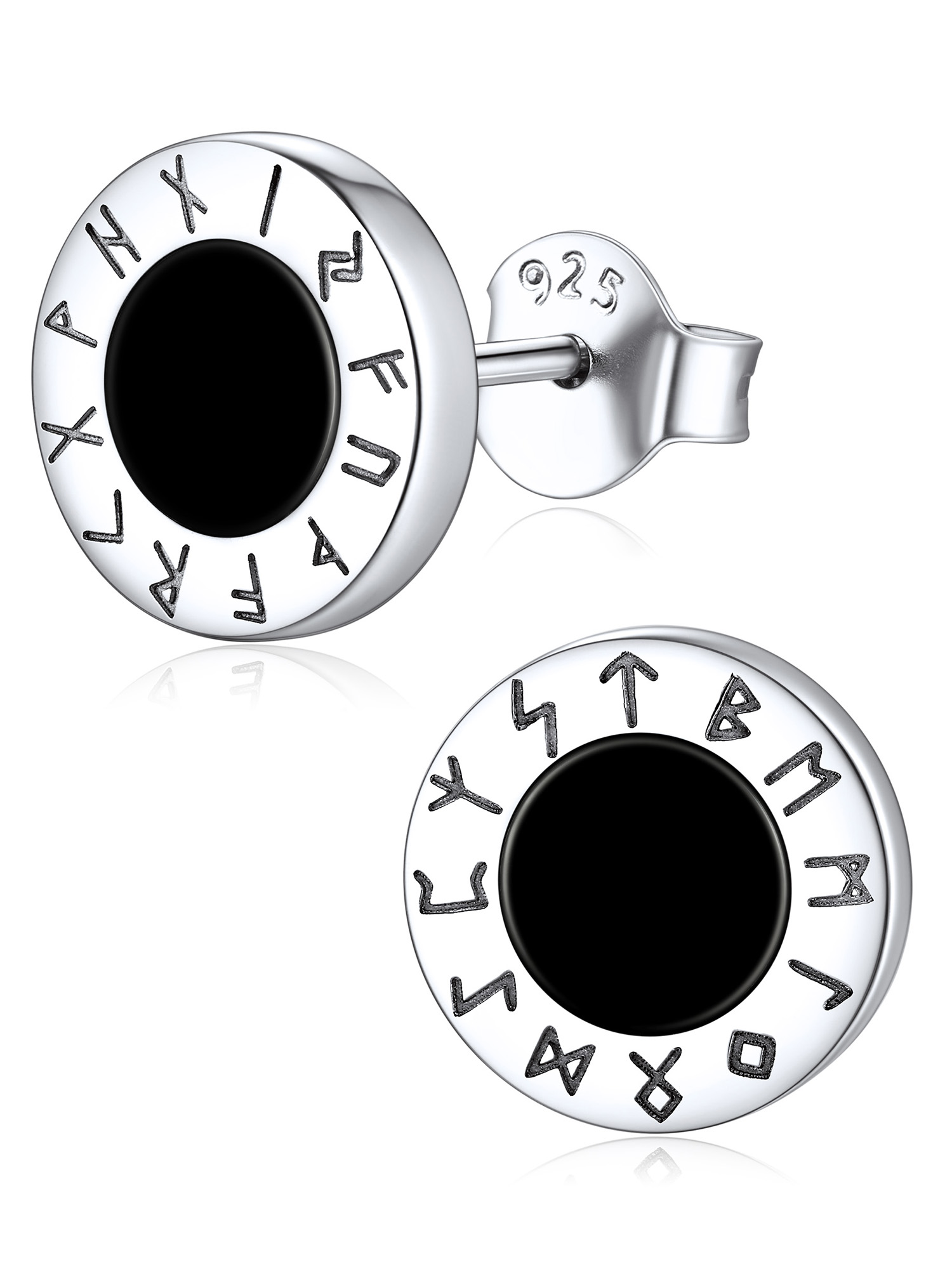 Viking Front Rune Outer Ring Black Onyx Stud Earrings for Men