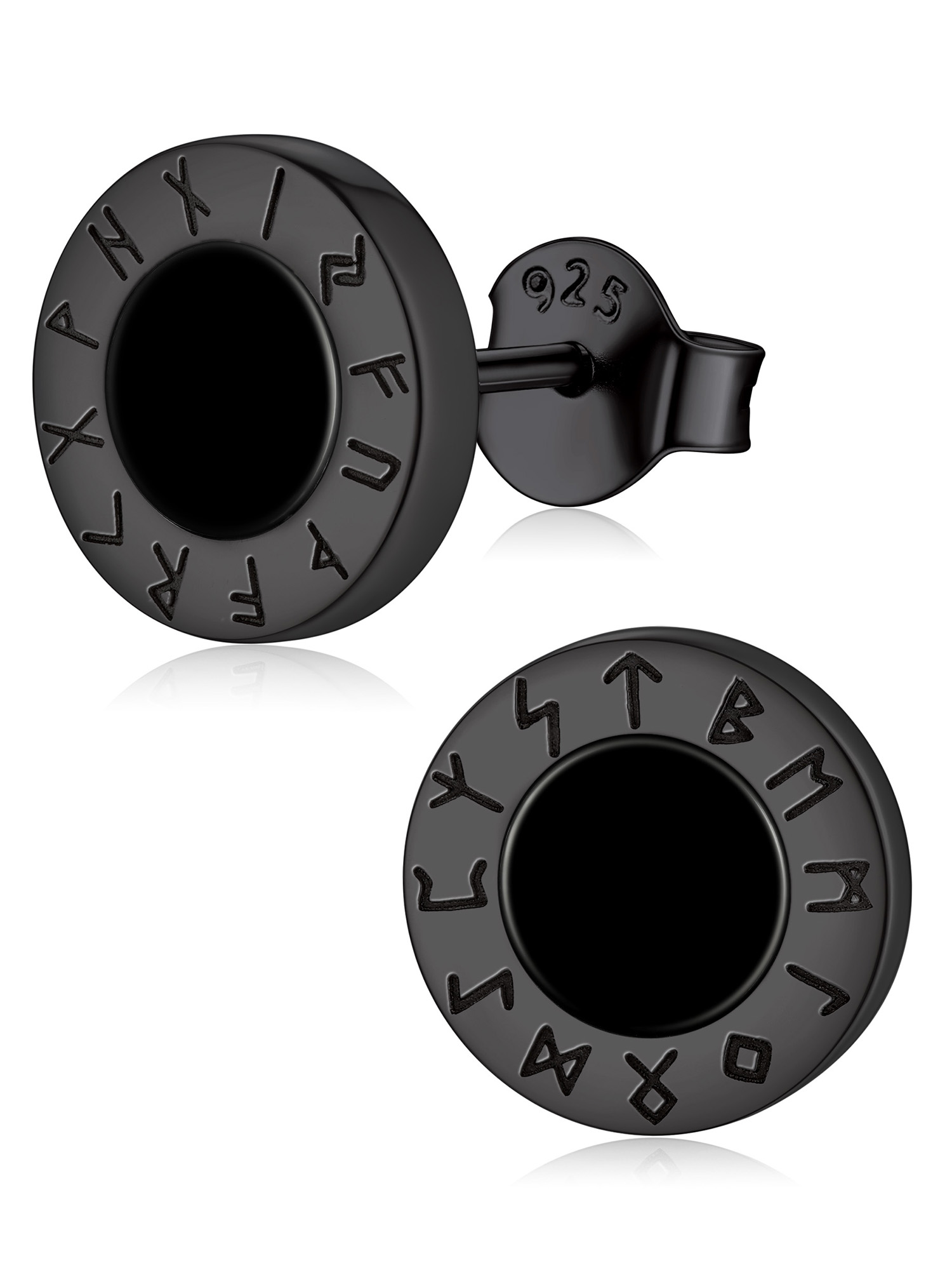 Viking Front Rune Outer Ring Black Onyx Stud Earrings