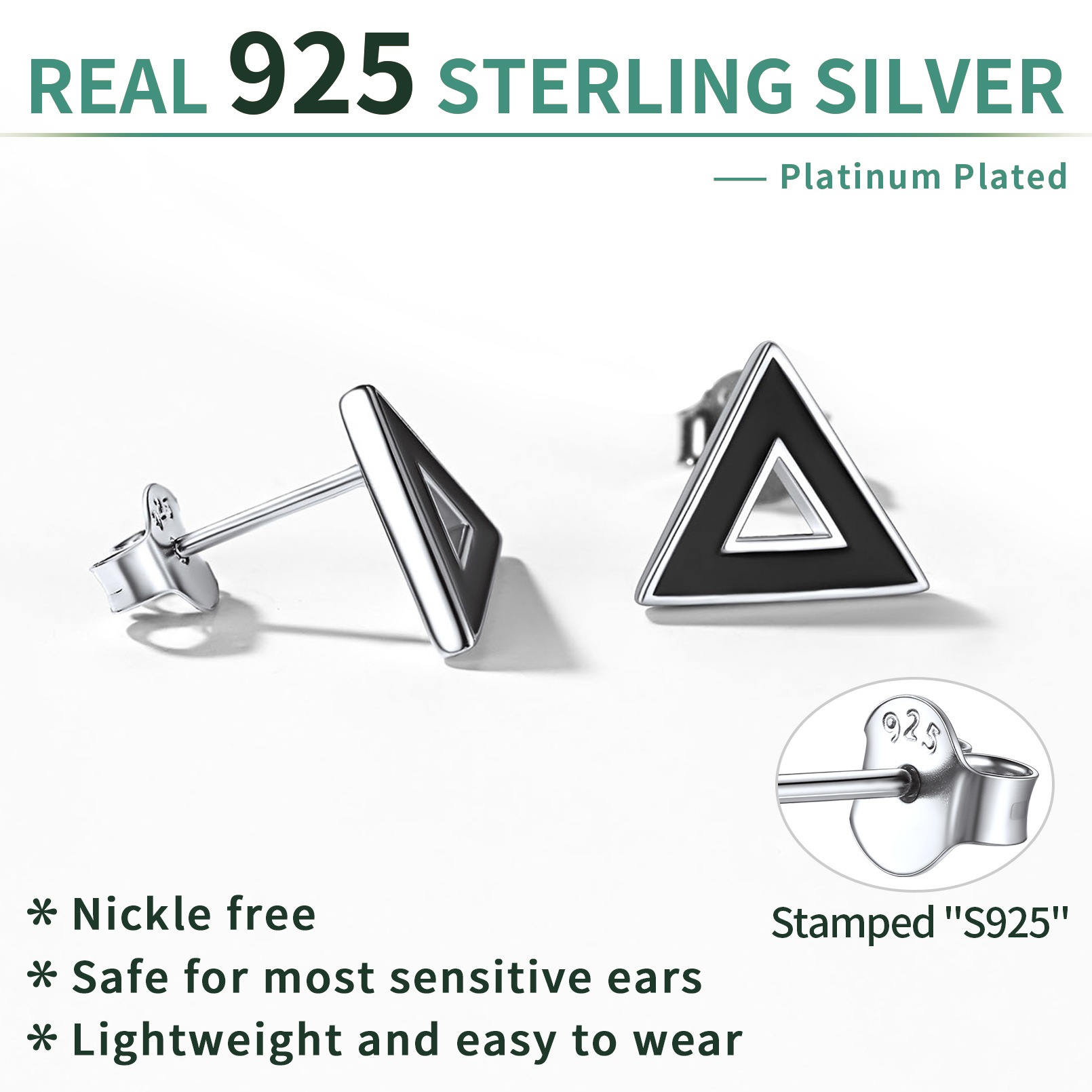 Sterling Silver Small Black Hallow Triangle Earrings