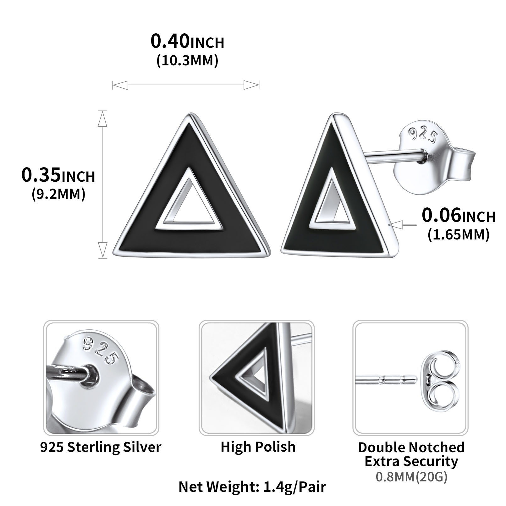 Small Black Hallow Triangle Earrings for Women Details: Dimensions, Hypoallergenic, Push Back Finding