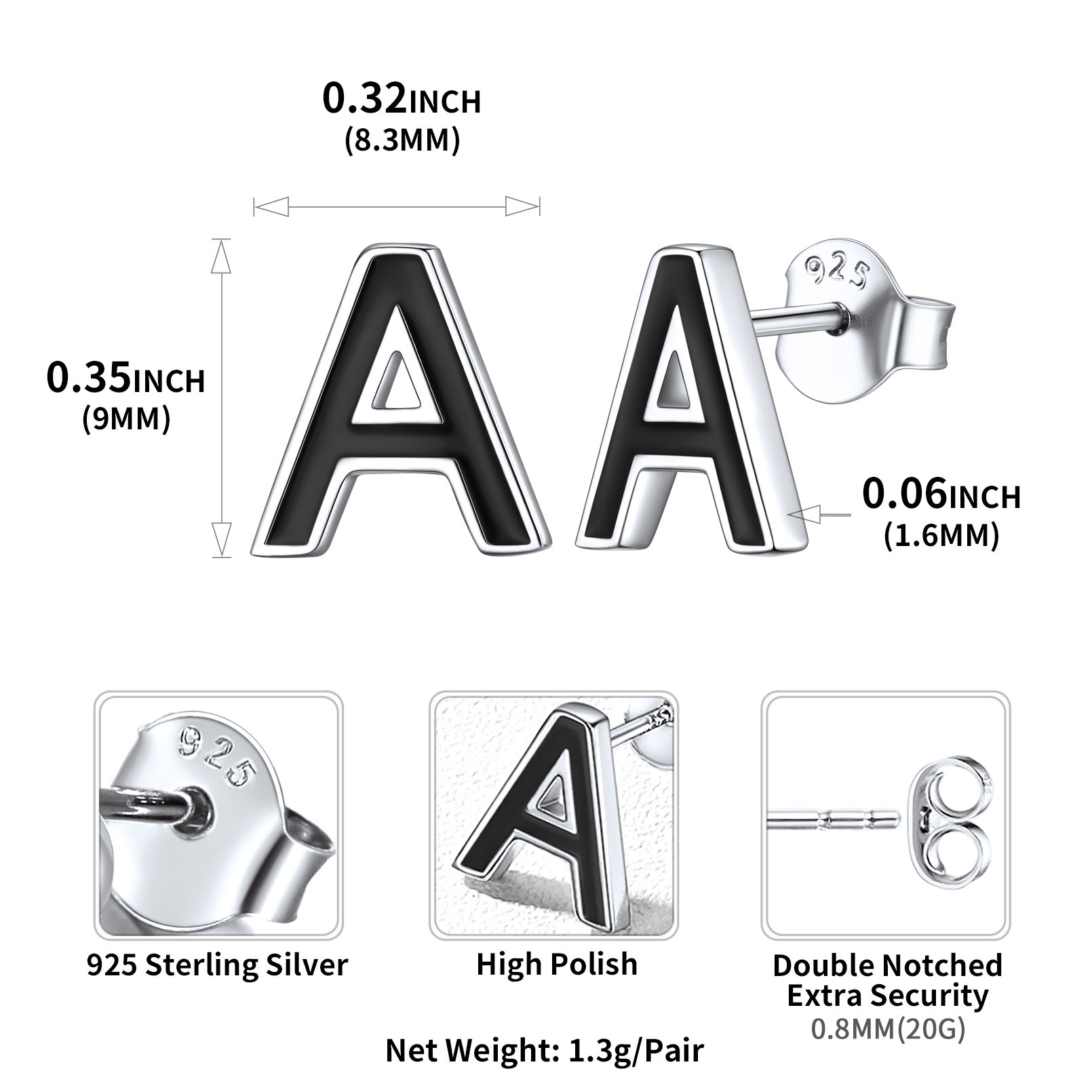 Sterling Silver ChicSilver 3D Initials A Letter Studs Earrings Details: Dimensions, Hypoallergenic, Push Back Finding