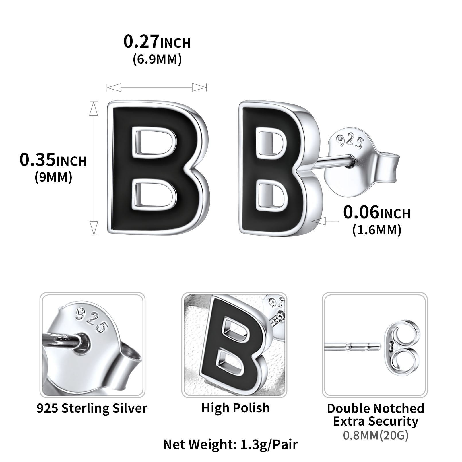 Sterling Silver ChicSilver 3D Initials B Letter Studs Earrings Details: Dimensions, Hypoallergenic, Push Back Finding