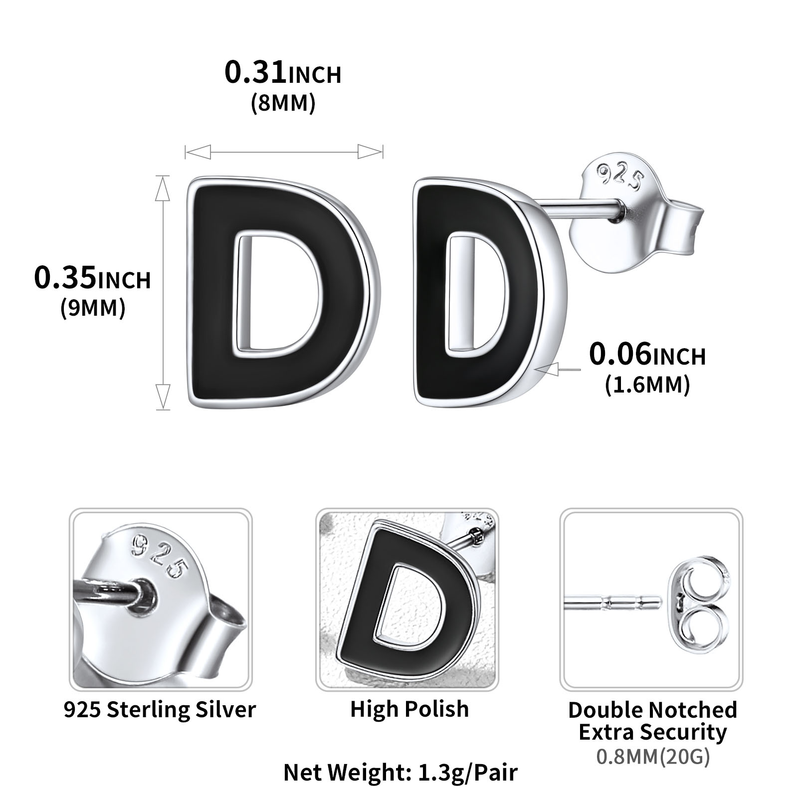 Sterling Silver ChicSilver 3D Initials Letter D Studs Earrings Details: Dimensions, Hypoallergenic, Push Back Finding