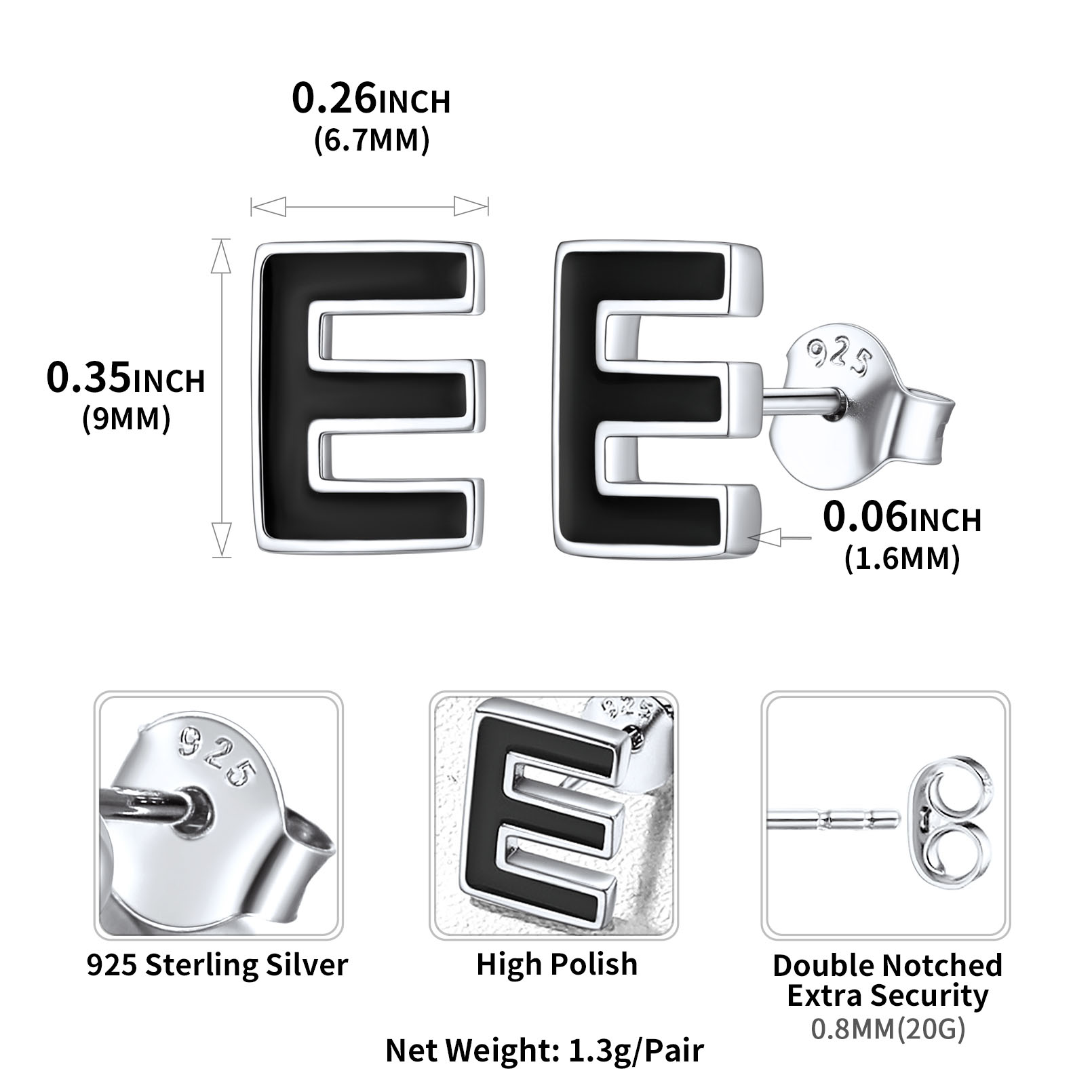 Sterling Silver ChicSilver 3D Initials Letter E Studs Earrings Details: Dimensions, Hypoallergenic, Push Back Finding