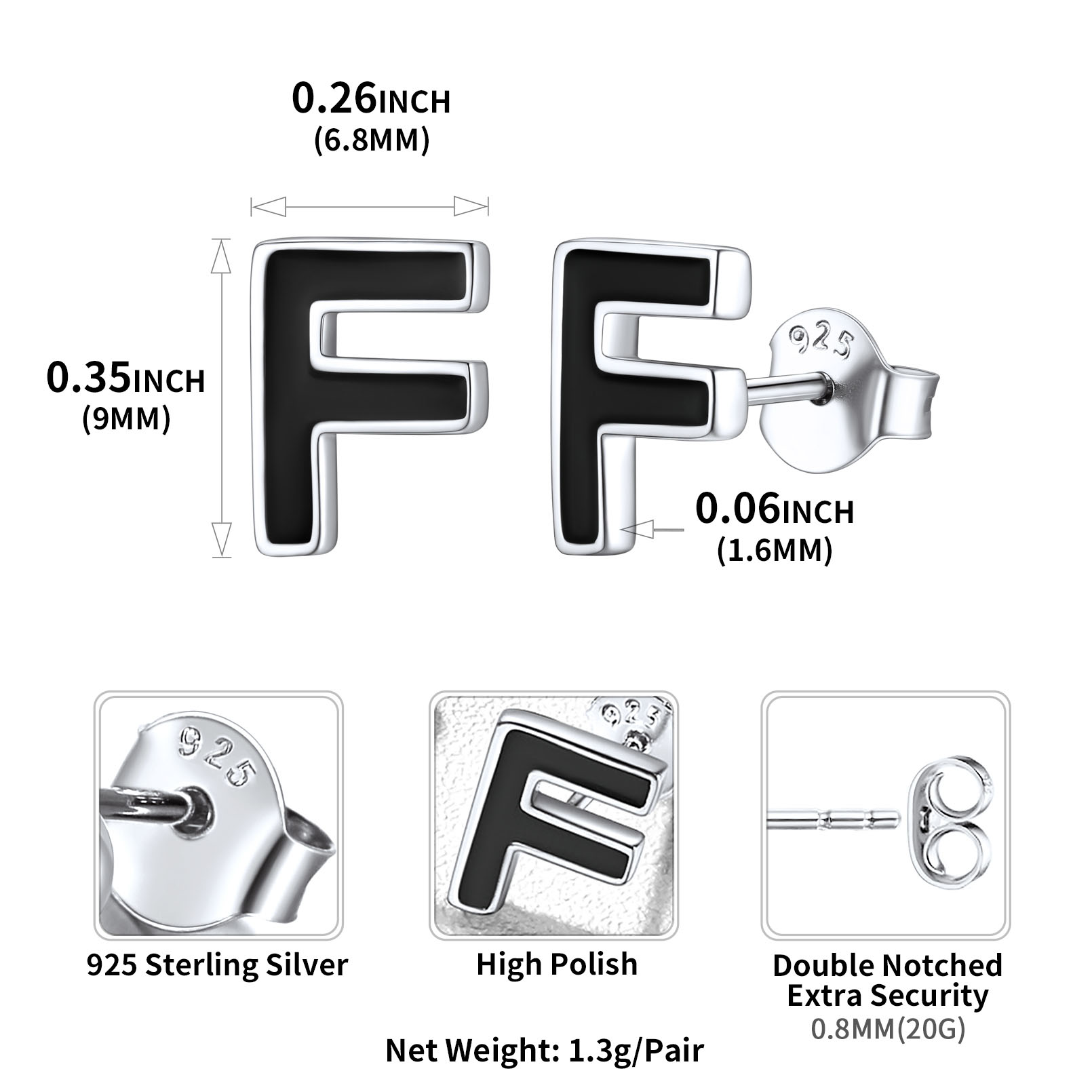 Sterling Silver ChicSilver 3D Initials Letter F Studs Earrings Details: Dimensions, Hypoallergenic, Push Back Finding