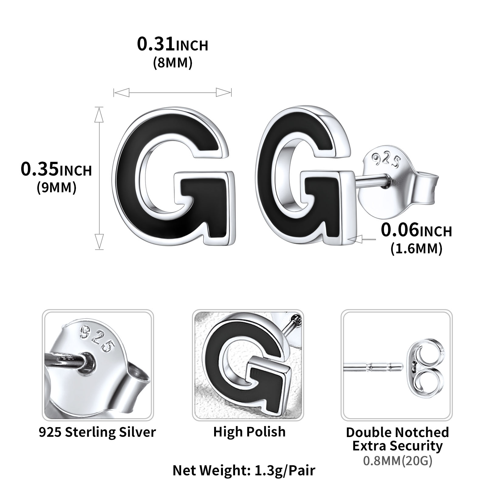 Sterling Silver ChicSilver 3D Initials Letter G Studs Earrings Details: Dimensions, Hypoallergenic, Push Back Finding